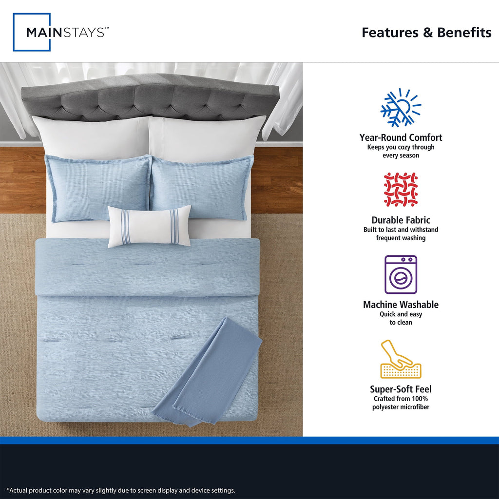 Fluffy Down Alternative Full/Queen Comforter Set, All-Season, 5-Piece, Blue Matelasse Tonal Stripe - Hypoallergenic Ultra-Fluffy Quilt for Winter Detail