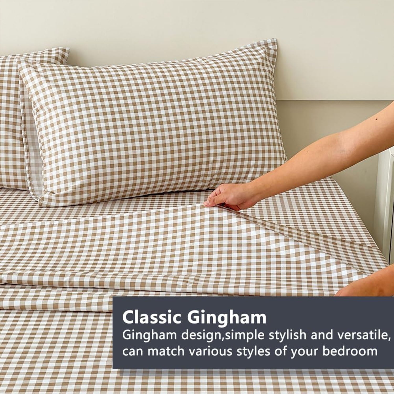 Wrinkle-Resistant Sheet Set, Soft Brushed Microfiber Taupe Plaid Sheets, 4-Piece Brown Grid Set with Deep Pocket - Breathable Egyptian Cotton Flat & Fitted Sheets Detail