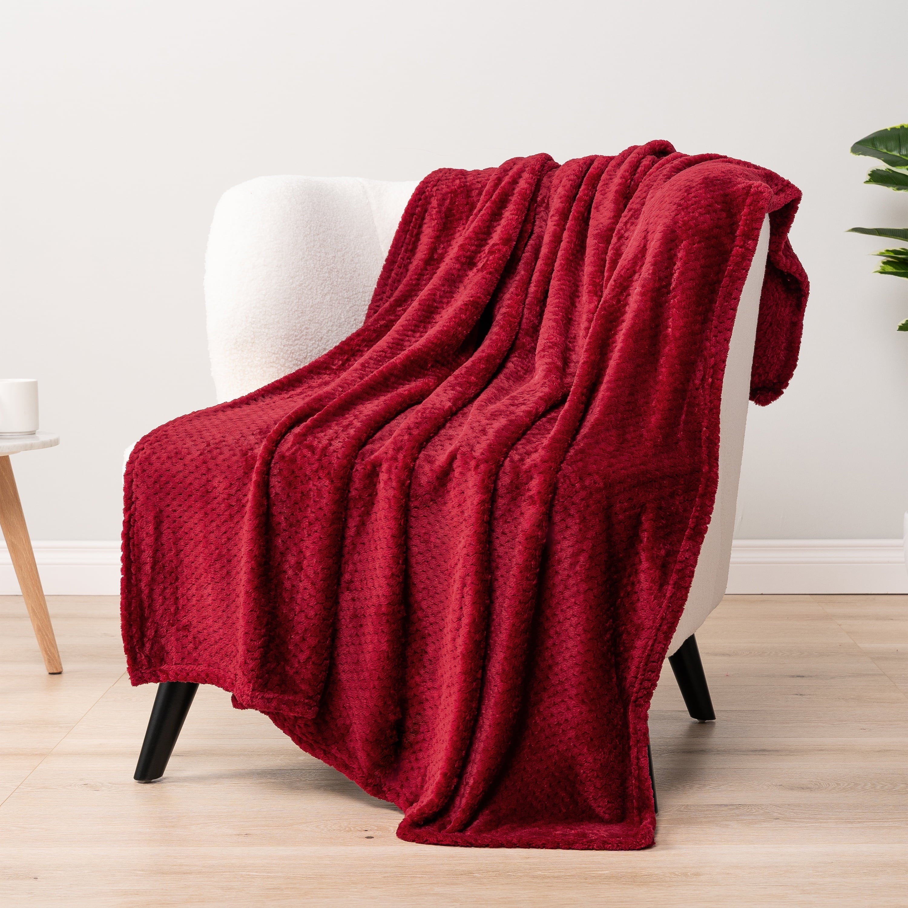 Decorative Knitted Maroon Red Throw Blanket for Couch, Twin Bed, Soft Fleece Throws for Sofa Chair, Fuzzy Waffle Textured Blanket, Cozy ... - Super Soft Reversible Sherpa Flannel Blanket Detail