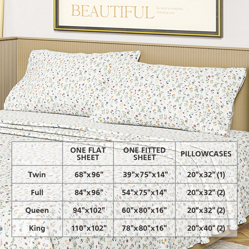 Breathable Luxury Botanical 4-Piece 100% Cotton Washed Percale White Sheet Set, Queen - Breathable Egyptian Cotton Flat & Fitted Sheets Detail