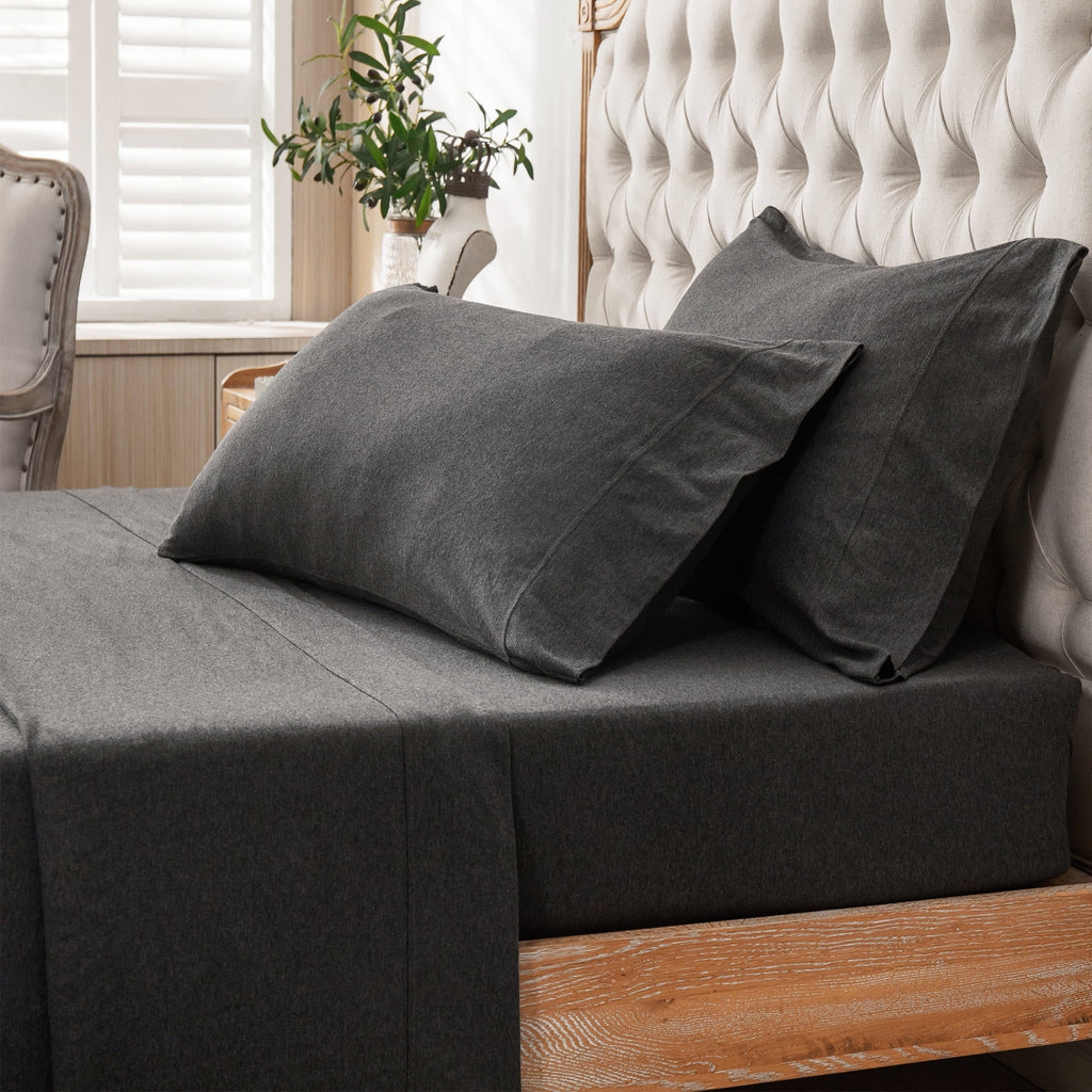Premium Egyptian Cotton 100% Cotton Jersey Knit 4pc Bed Sheet Set Extra Deep Pocket up to 20" Charcoal Gray Queen - Luxury Bed Sheet Set with Deep Pockets Detail