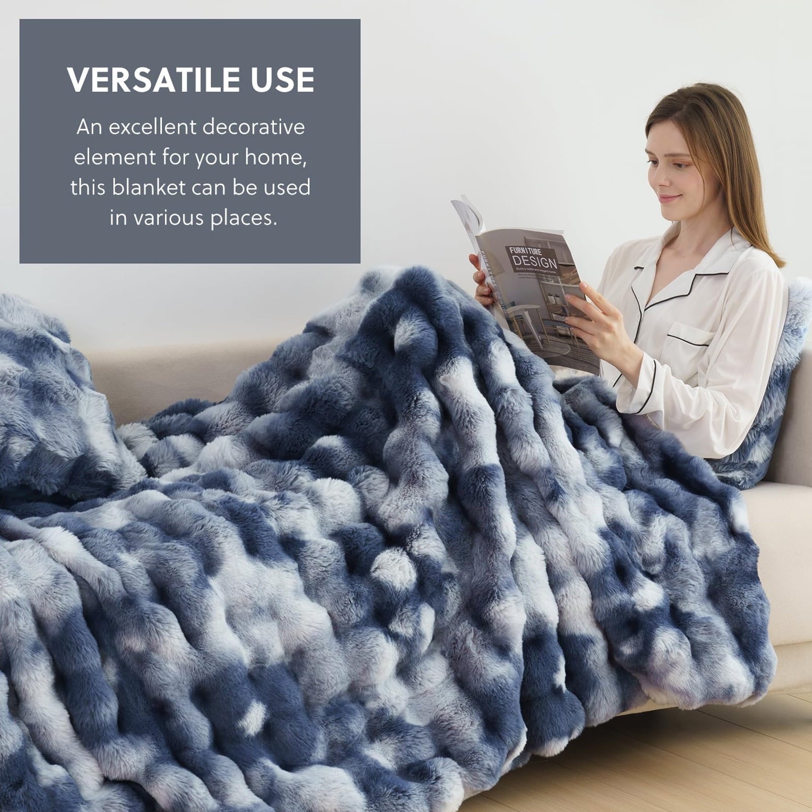 Reversible Sherpa Faux Fur Throw Blanket for Couch Luxury Fluffy Thick Bubble Blanket Warm Cozy Throw for Bedroom Living Room, 50" x 60... - Lightweight Plush Warm Blanket for All Seasons Detail