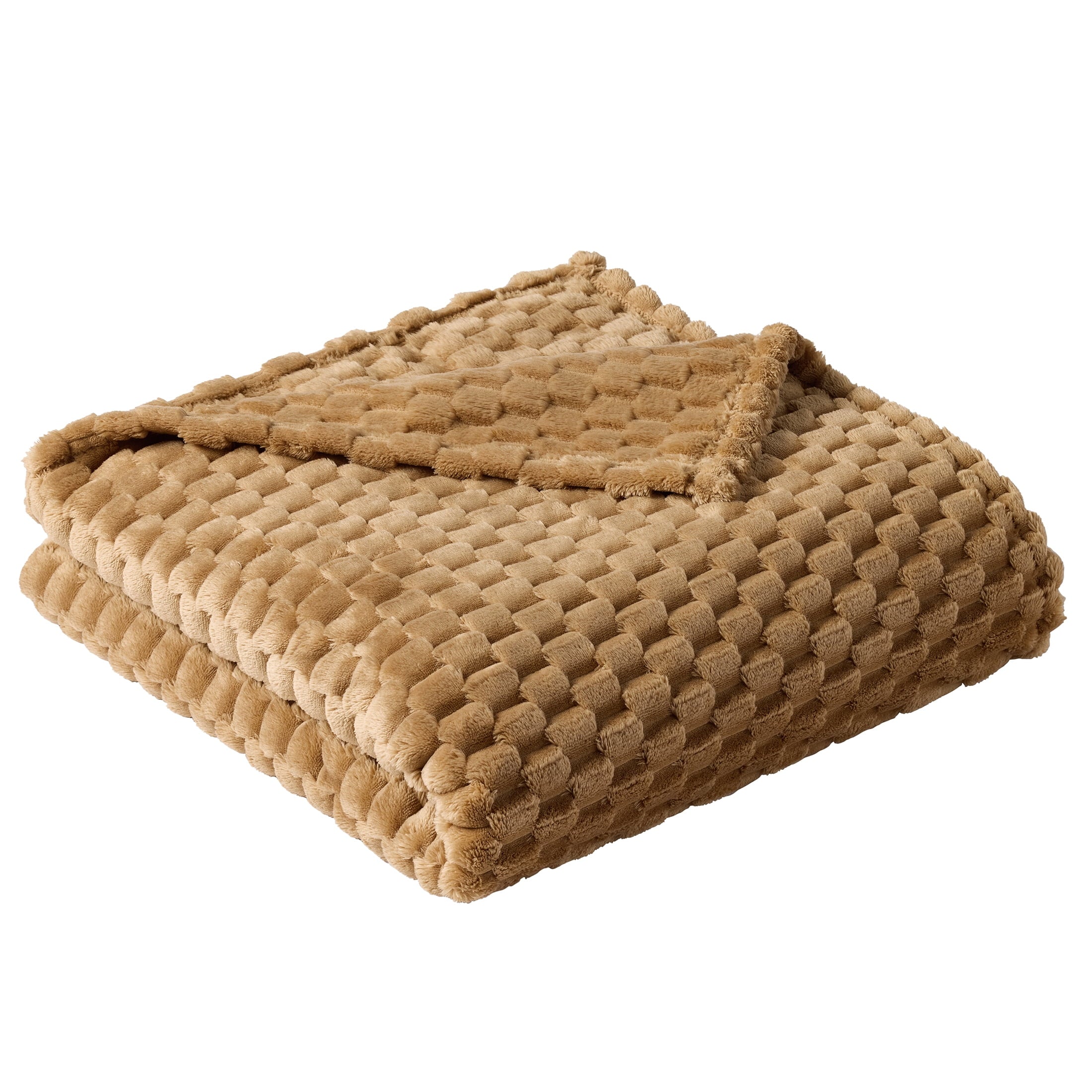 Super Soft Flannel Textured Velvet Plush Oversized Throw Blanket in Dark Caramel - Luxury Knitted Decorative Throw Blanket with Fringes Detail