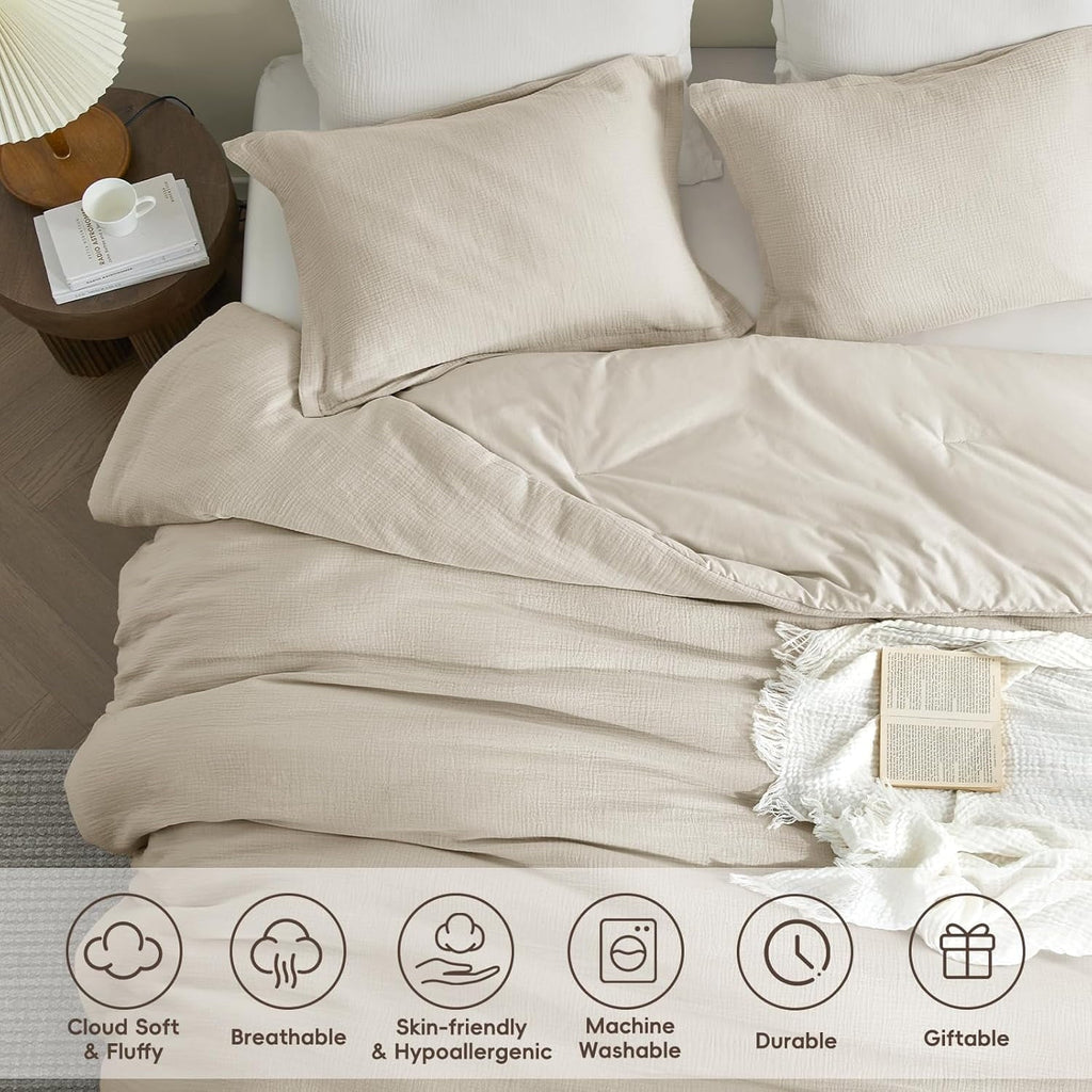 Luxurious Quilted Cotton Muslin Comforter Set Queen Size, Ultra Soft Breathable & Lightweight Bedding Set for All Seasons, 1 Comfy Comf... - All-Season Down Alternative Comforter Insert Detail