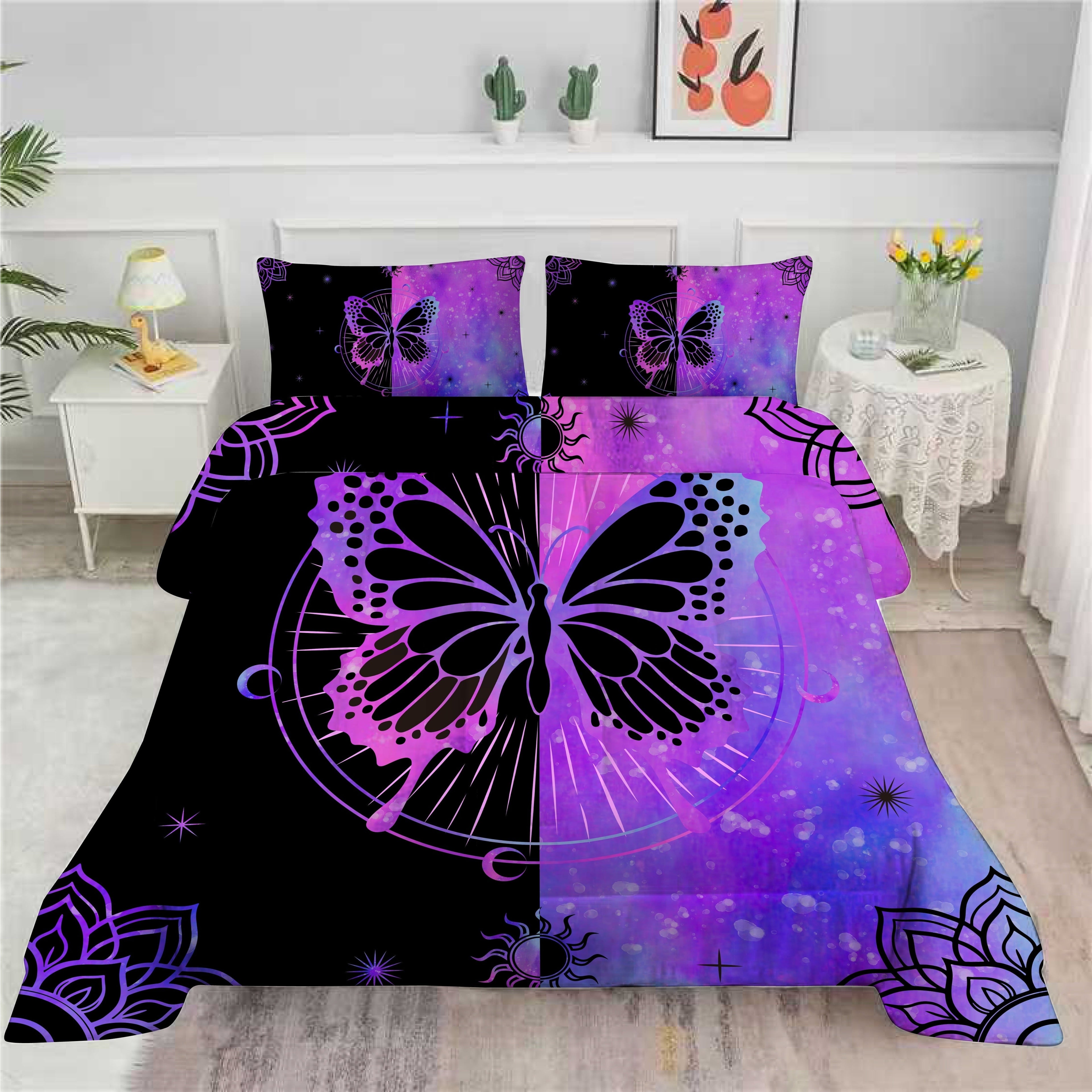 Hypoallergenic Cloud Butterfly Comforter Set Full Size for Girls Kids Teens Black Blue Purple Tie Dye Bedding Set 3 Pieces - Cloud-Like Soft Lightweight Bed Comforter Detail
