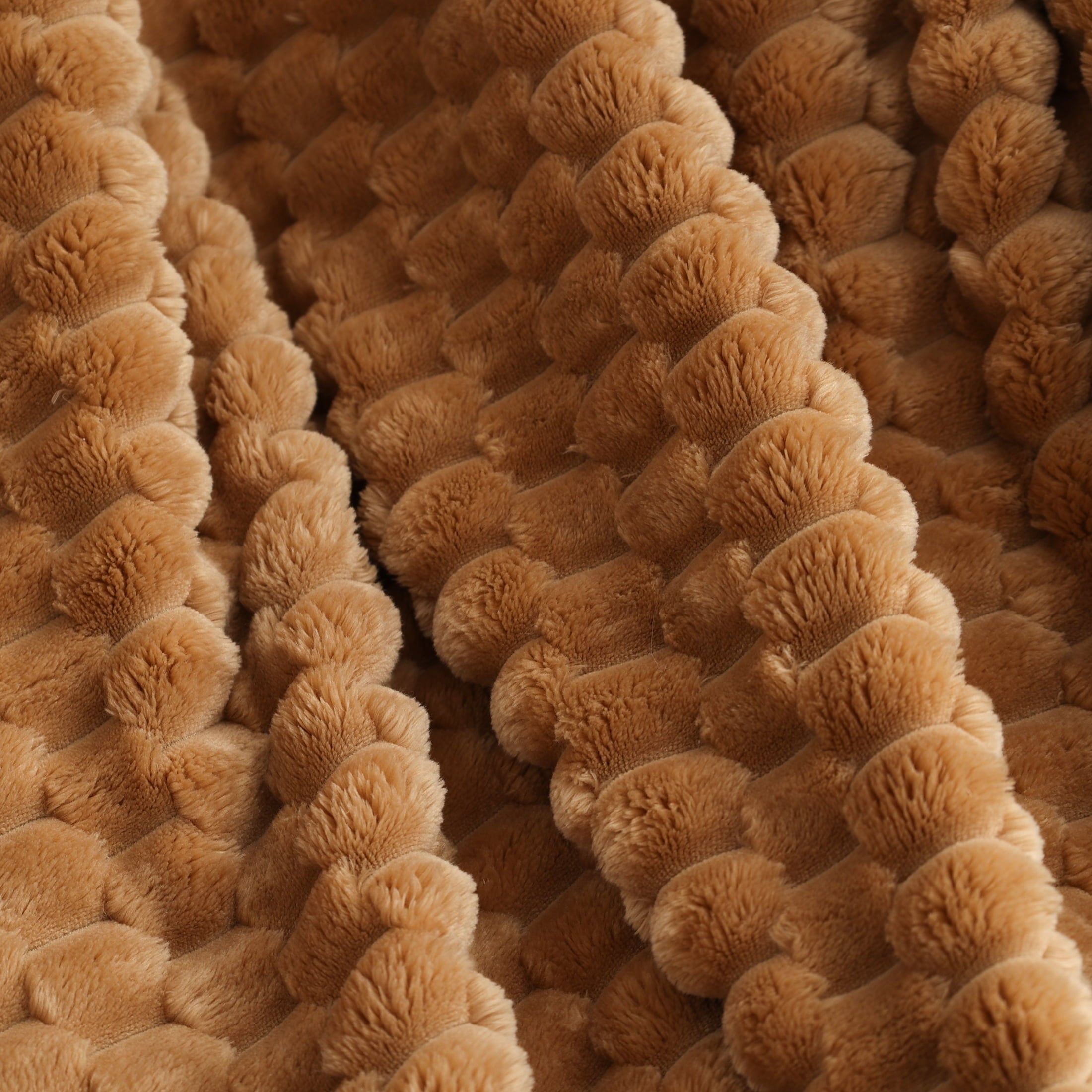 Super Soft Flannel Textured Velvet Plush Oversized Throw Blanket in Dark Caramel - Luxury Knitted Decorative Throw Blanket with Fringes Detail