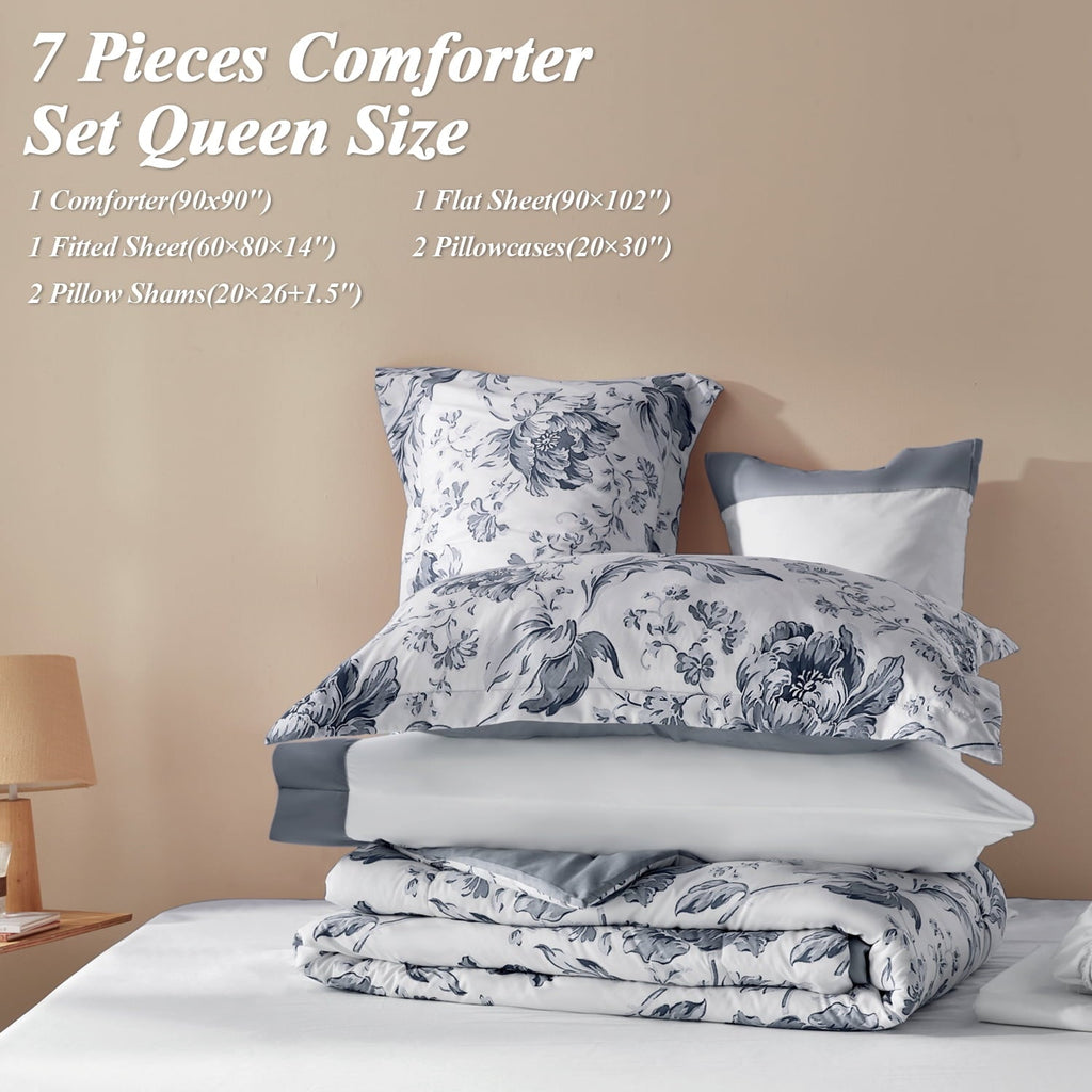 Fluffy Down Alternative Queen Comforter Sets,7-Pieces Reversible Bedding Sets,Bed in a Bag with Comforter,Flat Sheet and Fitted Sheet,Pillowc... - Luxurious Quilted Duvet Cover Set Detail