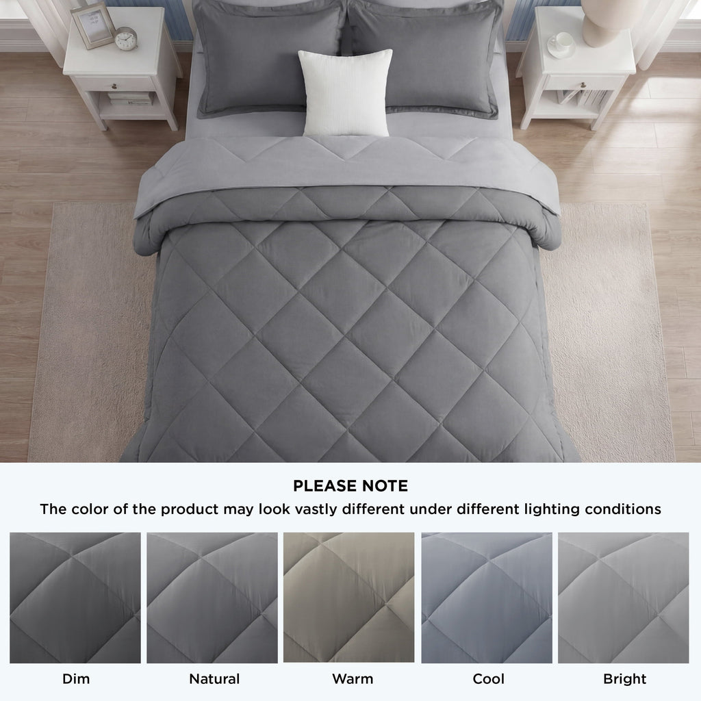 Luxurious Quilted Queen Reversible Comforter Set - 7 Pieces Grey Bedding, Bed in a Bag with Alternative Comforter, Sheets, Pillowcases ... - Hypoallergenic Ultra-Fluffy Quilt for Winter Detail