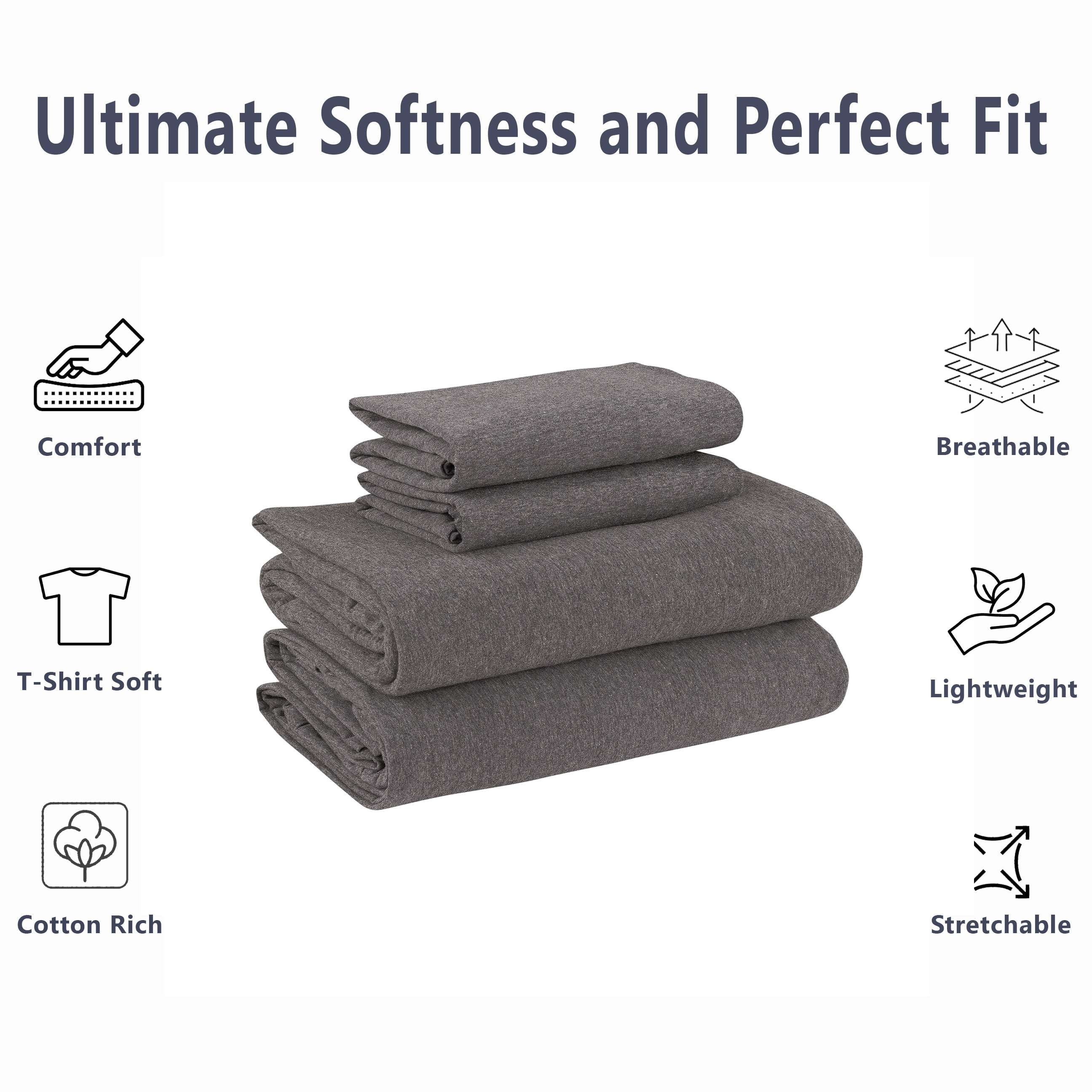 Wrinkle-Resistant Cotton Rich Extra Soft Jersey Bed Sheet Set, Queen, Charcoal, 4 Pieces - Cooling Hotel Quality Bedding Sheets and Pillowcases Detail
