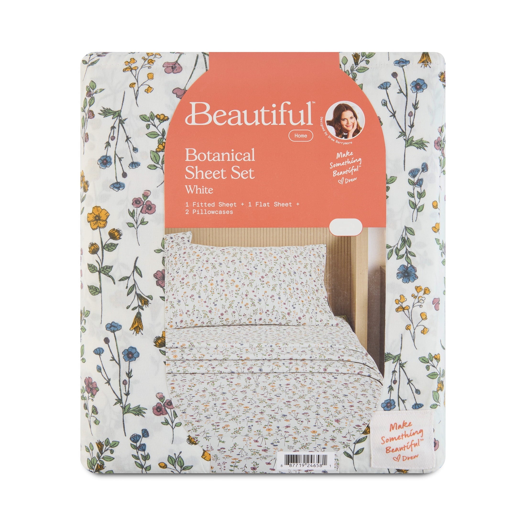 Breathable Luxury Botanical 4-Piece 100% Cotton Washed Percale White Sheet Set, Queen - Breathable Egyptian Cotton Flat & Fitted Sheets Detail