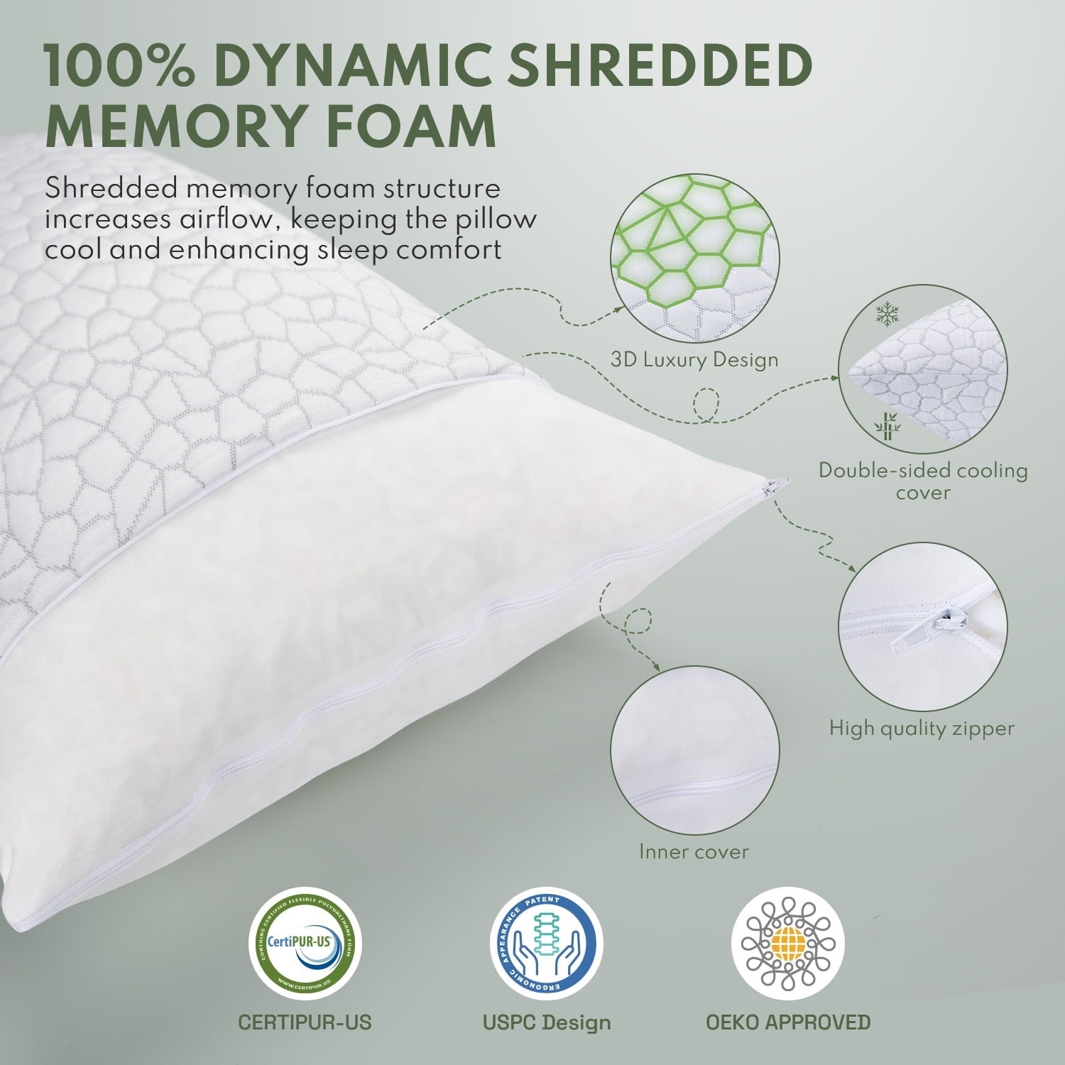 Orthopedic Support Queen Size Bed Pillows 4-Pack,3.3lb Shredded Memory Foam Filled,Hyper Soft & 3D Breathable Cooling Desigh Cover Fitti... - Hotel Quality Plush Sleeping Pillows Detail