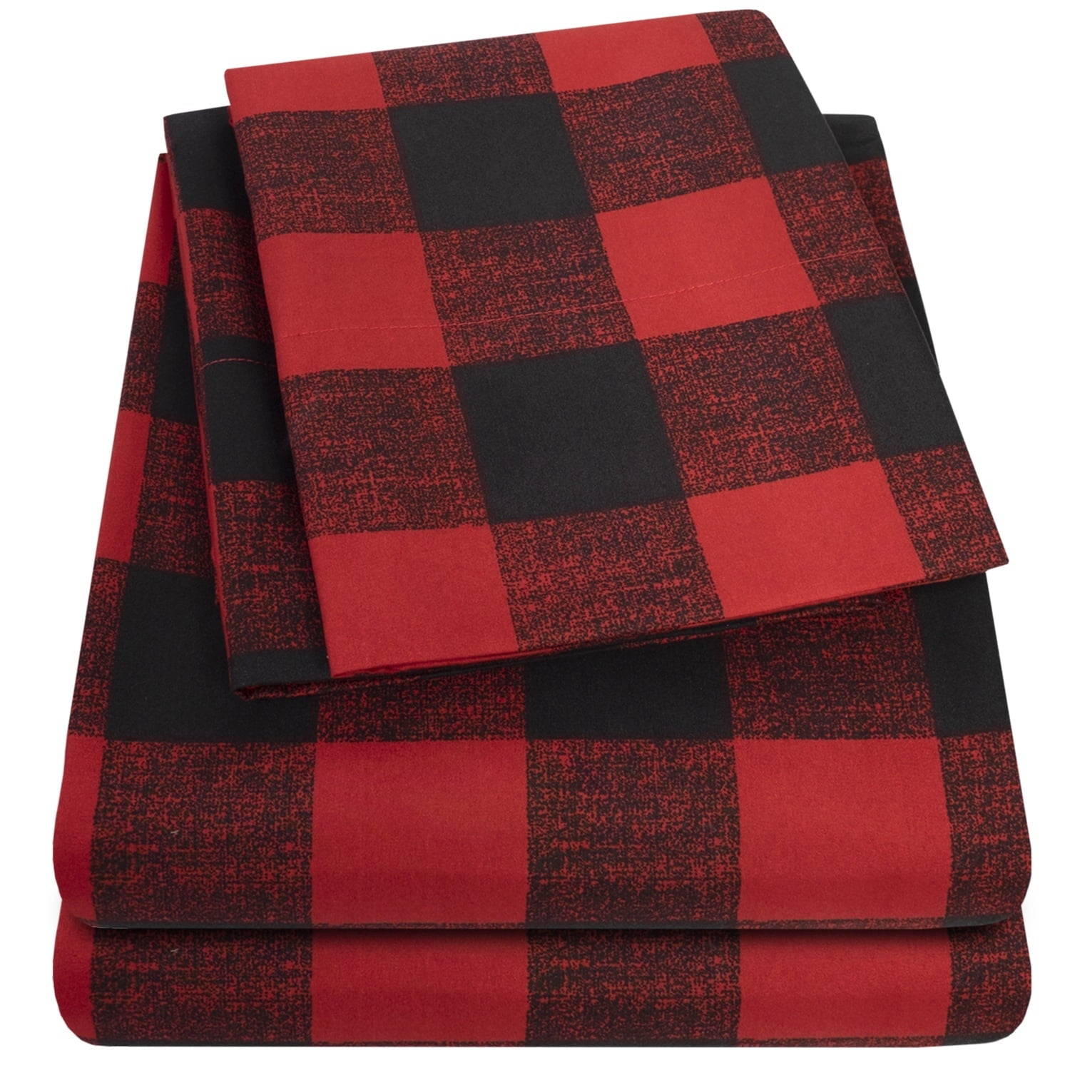 Breathable Luxury Buffalo Plaid Black and Red 4 Piece Bed Sheet Set - Twin - Cooling Hotel Quality Bedding Sheets and Pillowcases Detail