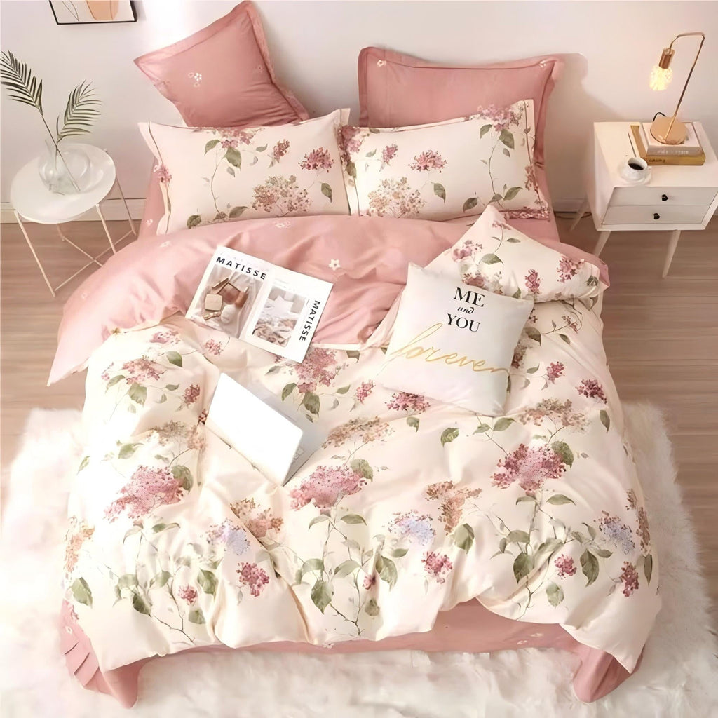 Luxurious Quilted White with Pink Flowers King Comforter Sets, 3 Pieces Chic Garden Style Reversible Bedding Sets for Adults All Season - Cloud-Like Soft Lightweight Bed Comforter Detail