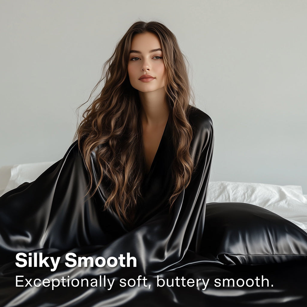 Ultra-Soft Queen Silk Black Bed Sheet Set,4 Pieces 1800 Microfiber 2 Pillowcase 20"x30" - Breathable Egyptian Cotton Flat & Fitted Sheets Detail