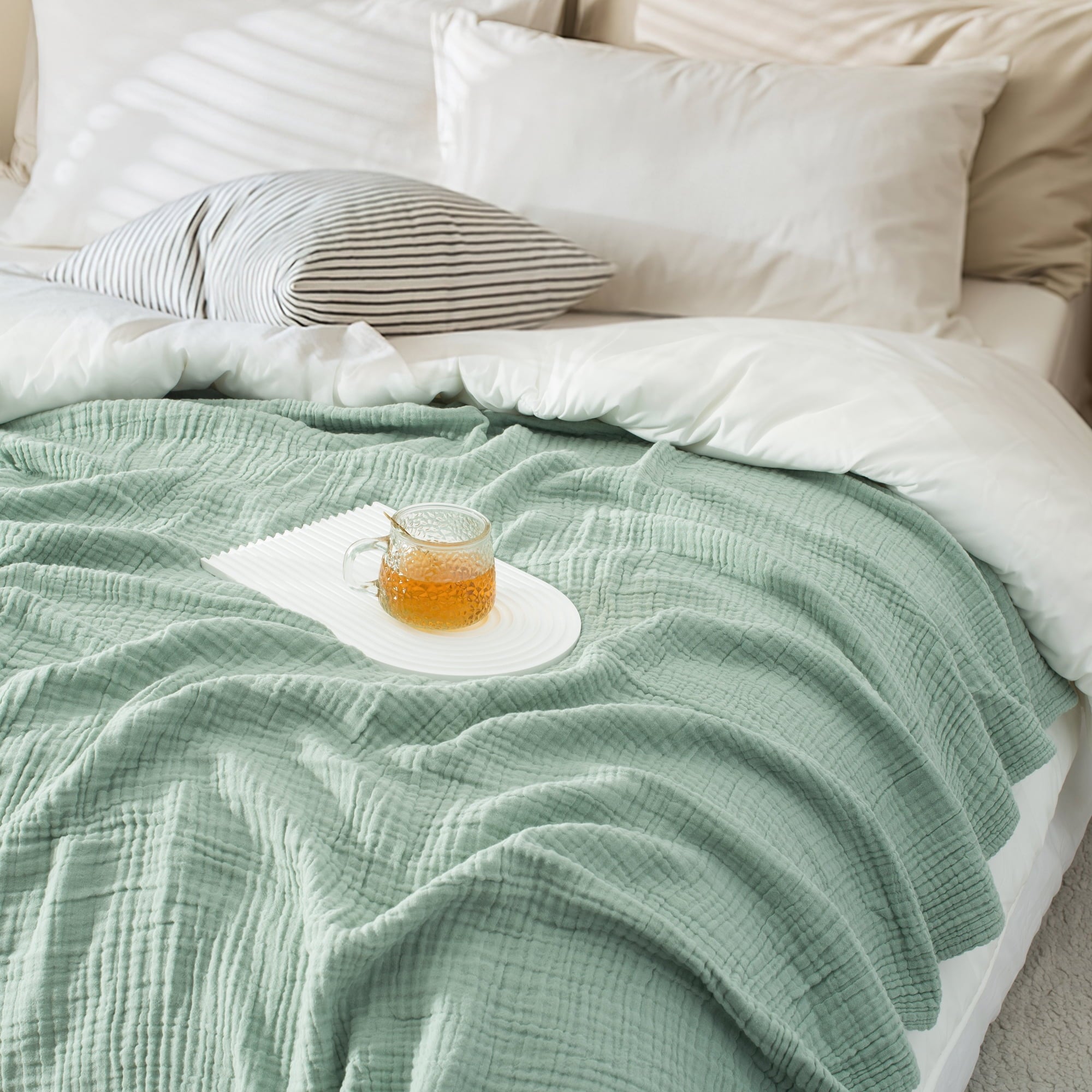 Decorative Knitted 100% Cotton Muslin Throw Blanket Gauze Blankets for Adults Soft Throws for Bed and Couch, 50" x 70" Sage Green - Cozy Fleece Throw Blanket for Couch & Bed Detail