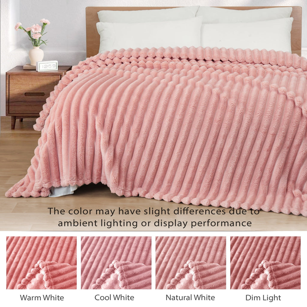Lightweight Warm Fleece Throw Blanket for Couch, Super Soft 3D Striped Jacquard Blanket, Lightweight Fuzzy Cozy Blankets, Pink, 50"x60" - Luxury Knitted Decorative Throw Blanket with Fringes Detail