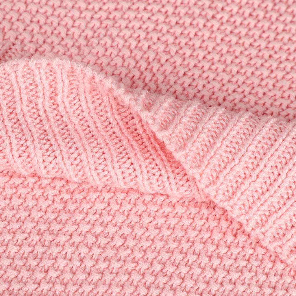 Decorative Knitted Pure Cotton Soft Cable Knit Throw Blanket Pink 50" x 70" - Luxury Knitted Decorative Throw Blanket with Fringes Detail
