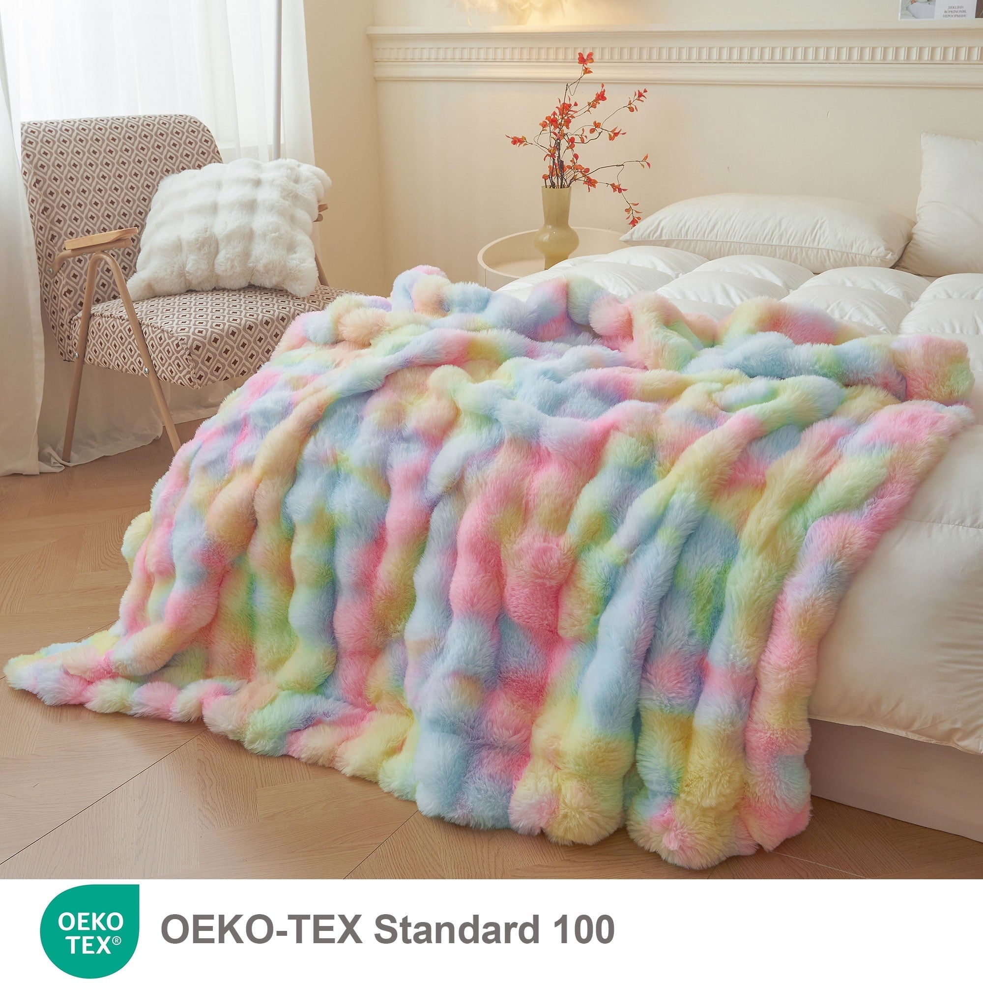 Cozy Fleece Fluffy Faux Rabbit Fur Bubble Throw, Rainbow Plush Shaggy Blanket for Couch Sofa Chair, Soft Tie Dye Furry Blanket Ad... - Lightweight Plush Warm Blanket for All Seasons Detail