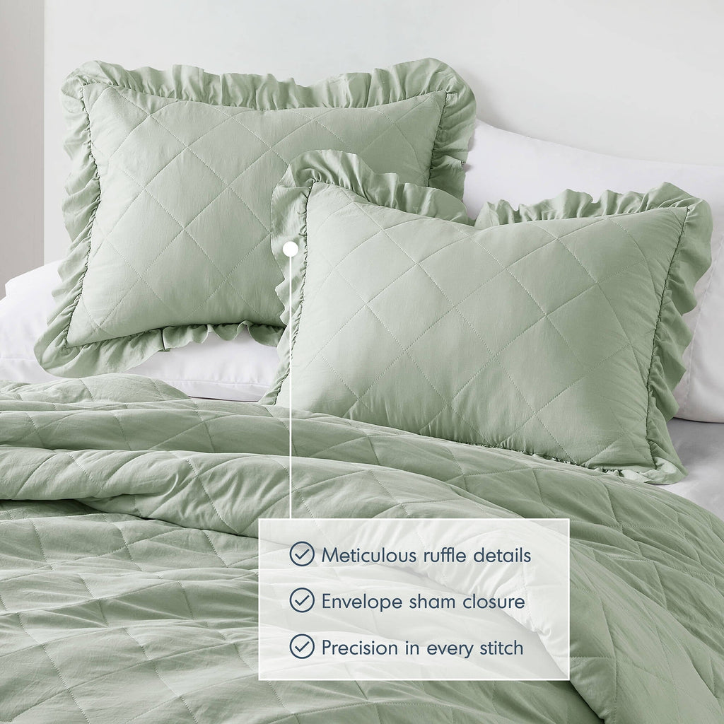 All-Season Full/Queen Comforter Set Sage, 3 Pieces Quilted Ruffle Comforters Full/Queen Size, Solid Bedding Comforters Sets, Gif... - Luxurious Quilted Duvet Cover Set Detail