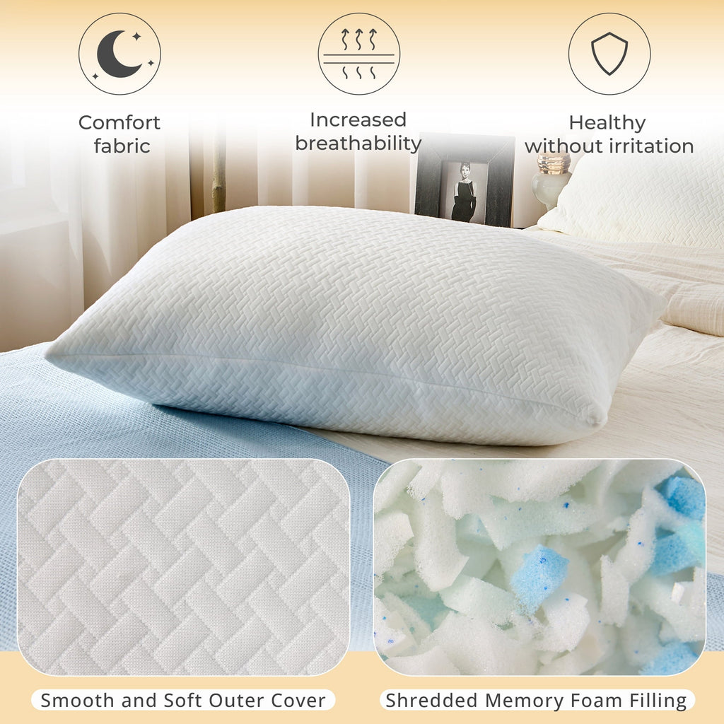 Fluffy Shredded 2 Pack Bed Pillow, Shredded Gel Memory Foam Pillow, Standard Queen, Medium, Made in USA - Decorative Throw Pillow Cushion for Sofa & Bed Detail