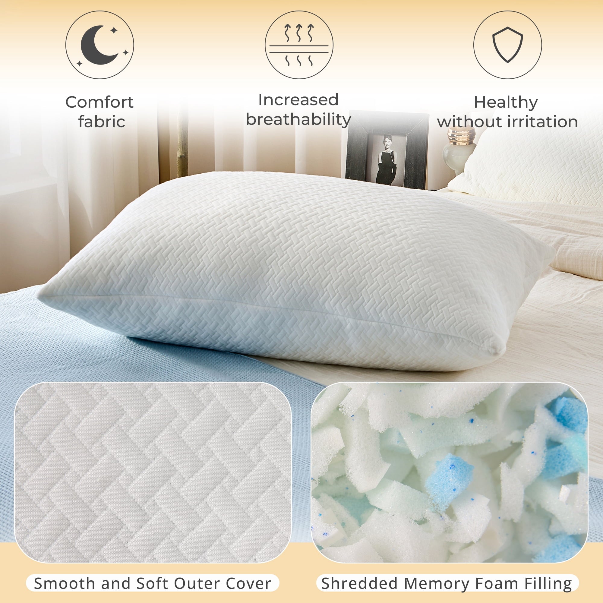 Fluffy Shredded 2 Pack Bed Pillow, Shredded Gel Memory Foam Pillow, Standard Queen, Medium, Made in USA - Decorative Throw Pillow Cushion for Sofa & Bed Detail