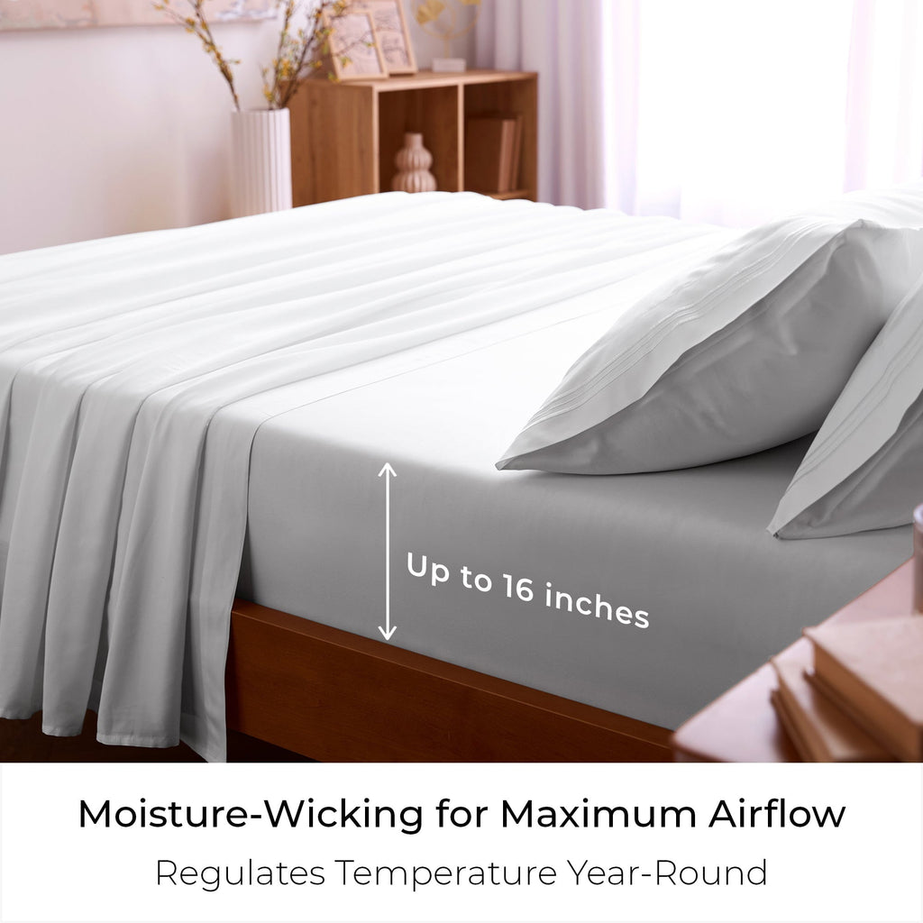 Premium Egyptian Cotton Iconic 6 Piece Bed Sheet Set Brushed Microfiber, Deep Pocket, Queen, White - Cooling Hotel Quality Bedding Sheets and Pillowcases Detail