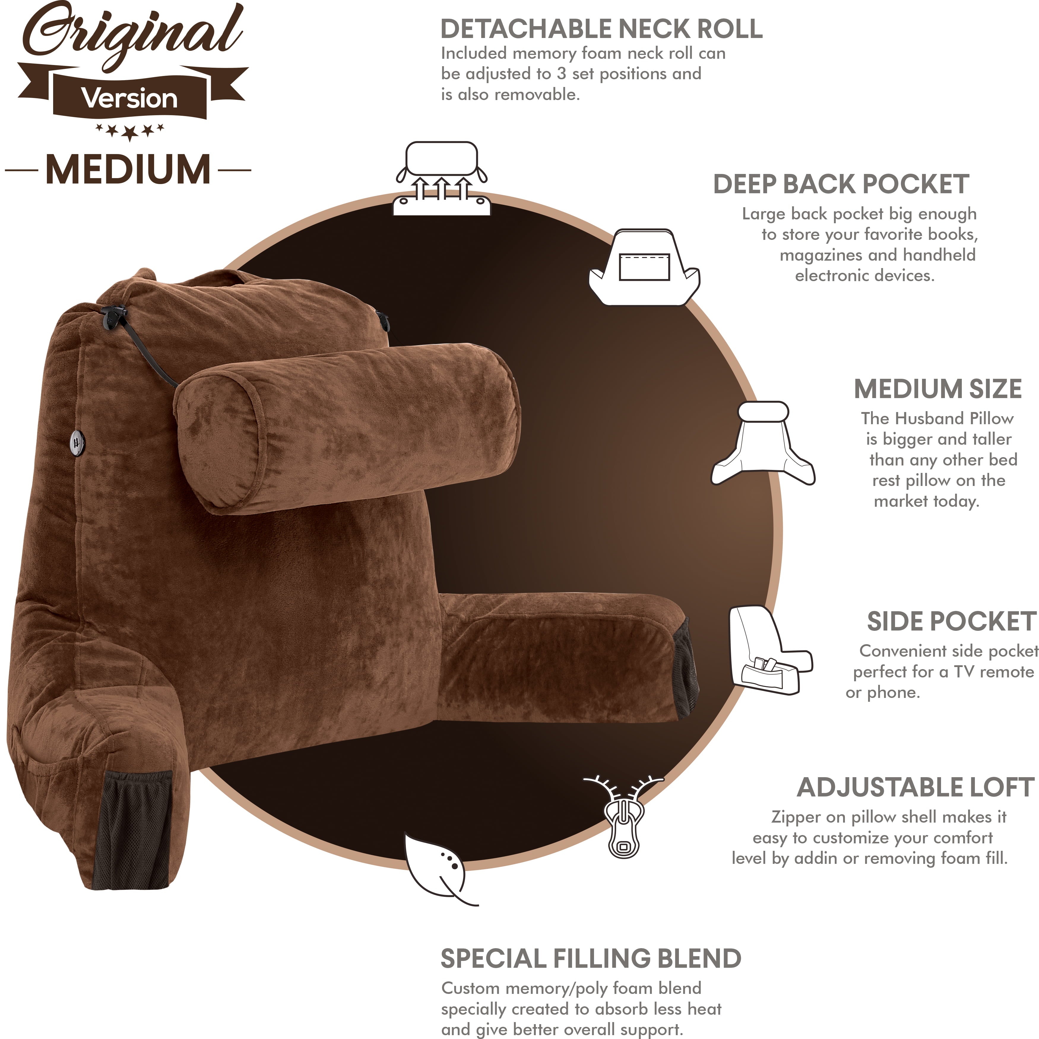 Hotel Collection Medium Chocolate Brown, Backrest - Detach Neck Roll, Removable Cover - Decorative Throw Pillow Cushion for Sofa & Bed Detail