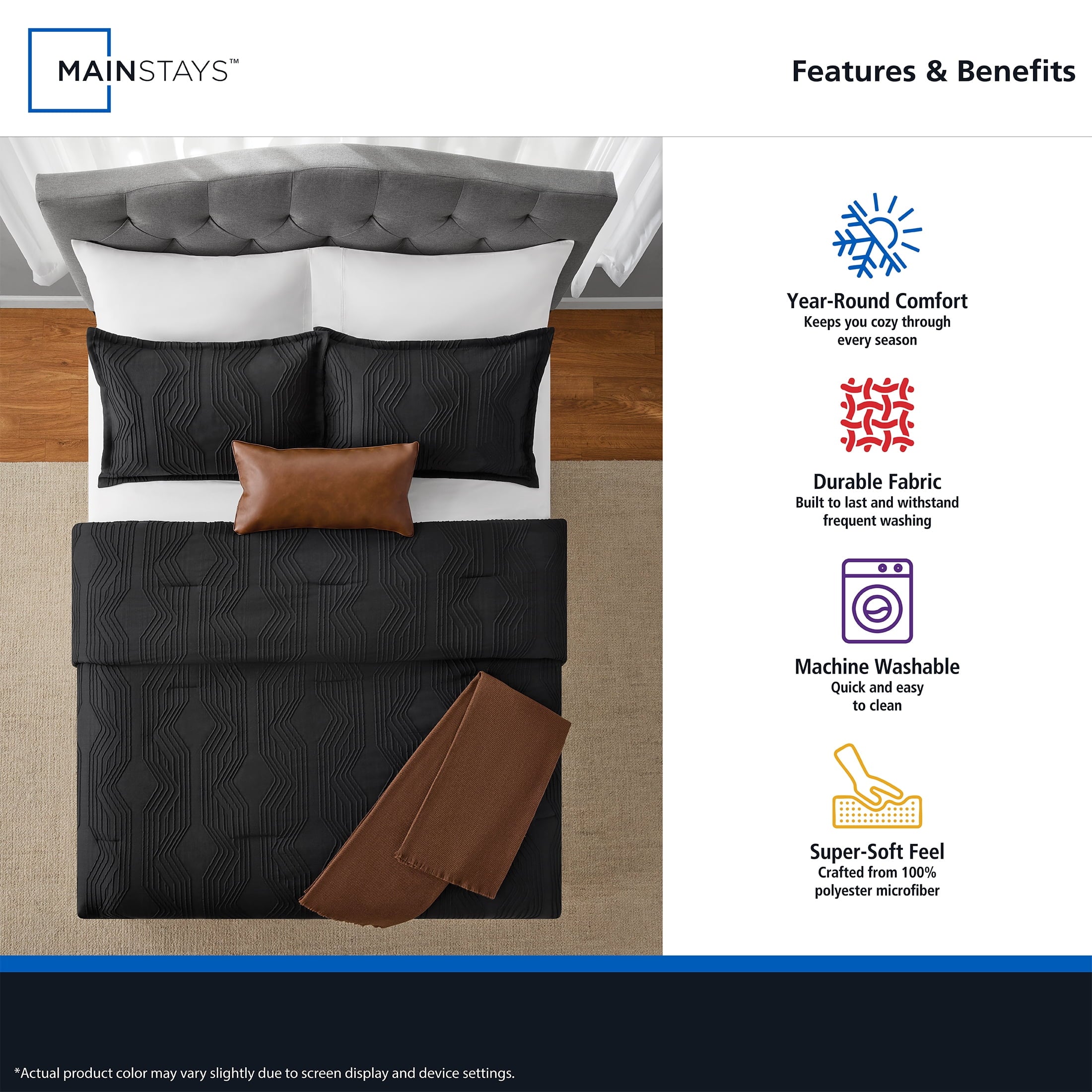 Luxurious Quilted Full/Queen Comforter Set, All-Season, 5-Piece, Black Jacquard Geo - Hypoallergenic Ultra-Fluffy Quilt for Winter Detail