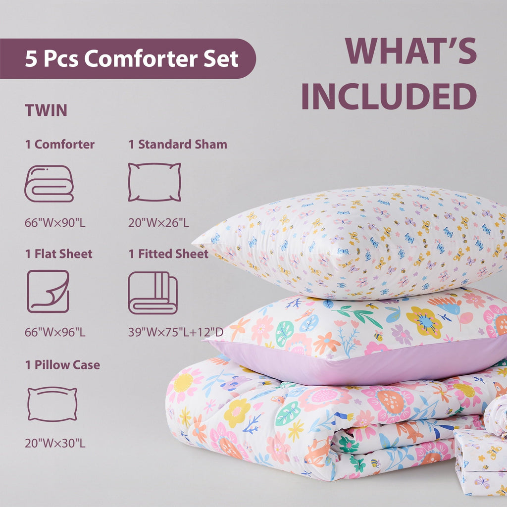 Luxurious Quilted Floral Comforter Set, Soft Microfiber Flower Bedding Set, 5 Pieces with Comforter, Sheets and Pillowcases, Twin - Luxurious Quilted Duvet Cover Set Detail
