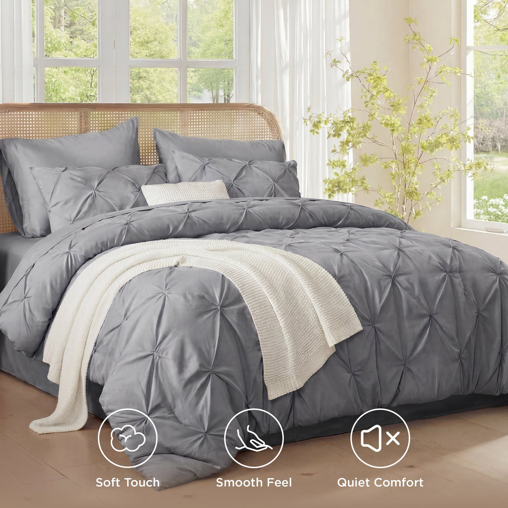 All-Season Queen Comforter Set Grey, Bed in a Bag Queen Size Bedding, 7 Pieces Pinch Pleat All Season Comforter - Cloud-Like Soft Lightweight Bed Comforter Detail
