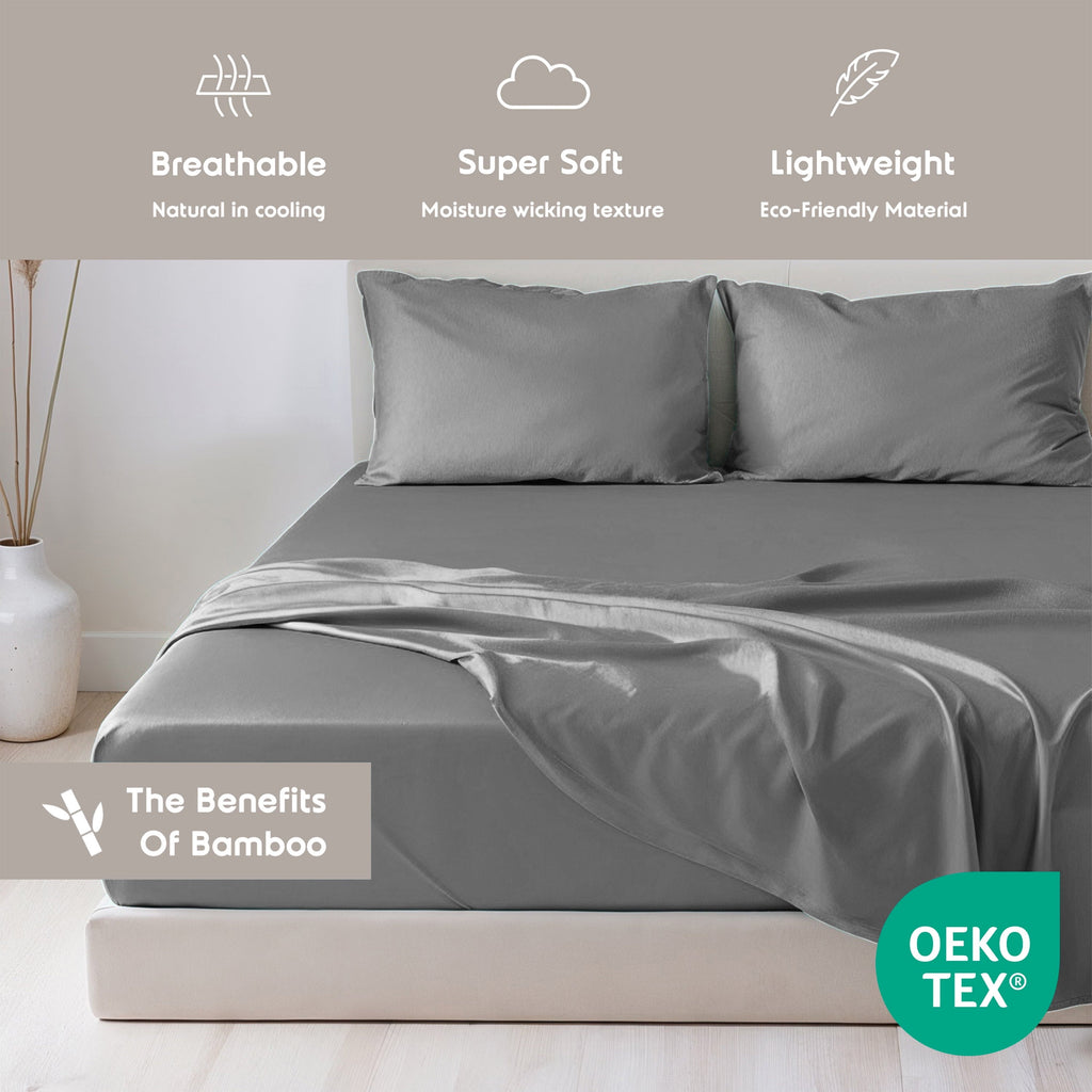Premium Egyptian Cotton Virtu Bed Sheets Set, Deep Pocket Rayon Derived 4 Piece Queen Sheets sets, Gray - Premium Ultra-Soft Pillowcase Pair for Sleeping Detail