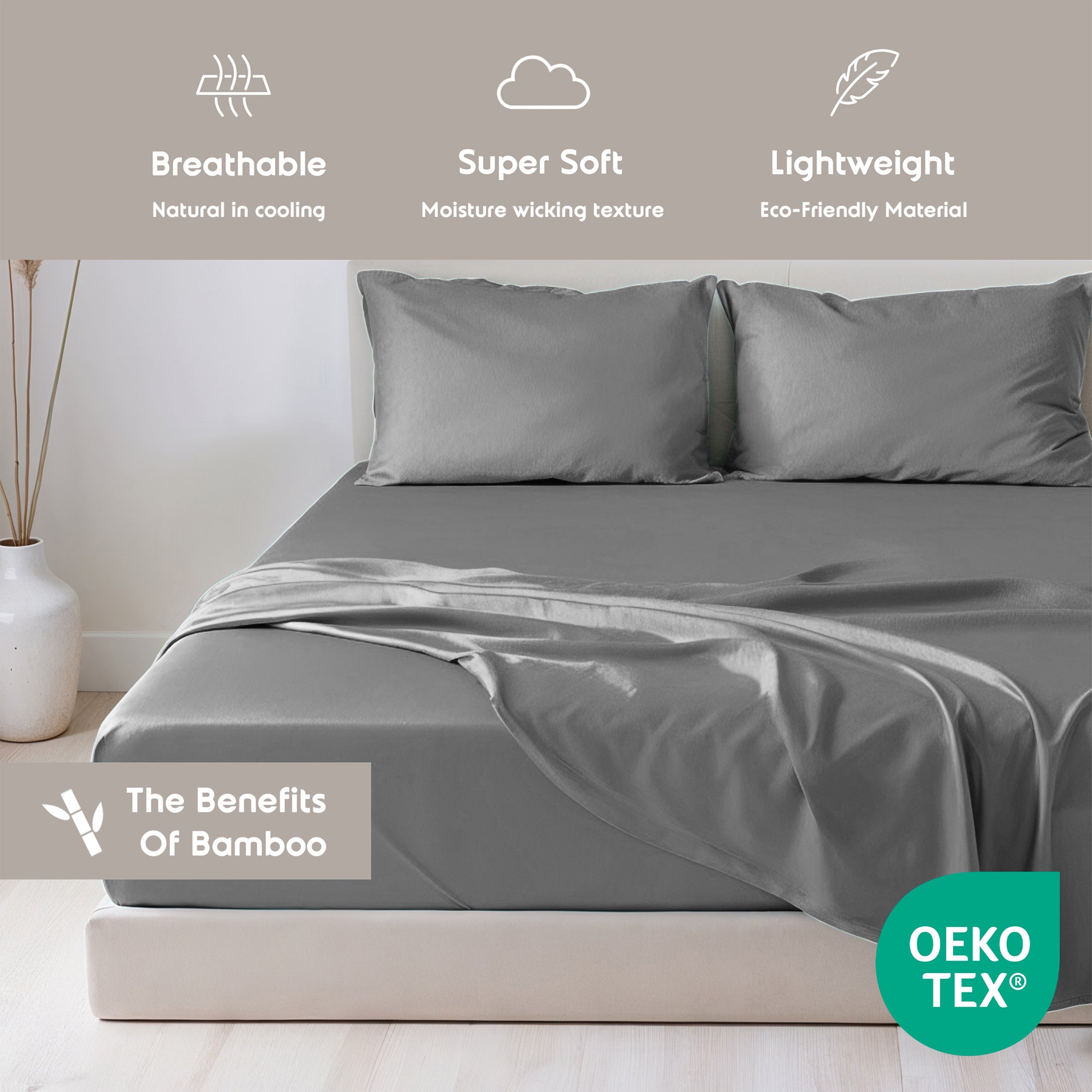 Premium Egyptian Cotton Virtu Bed Sheets Set, Deep Pocket Rayon Derived 4 Piece Queen Sheets sets, Gray - Premium Ultra-Soft Pillowcase Pair for Sleeping Detail