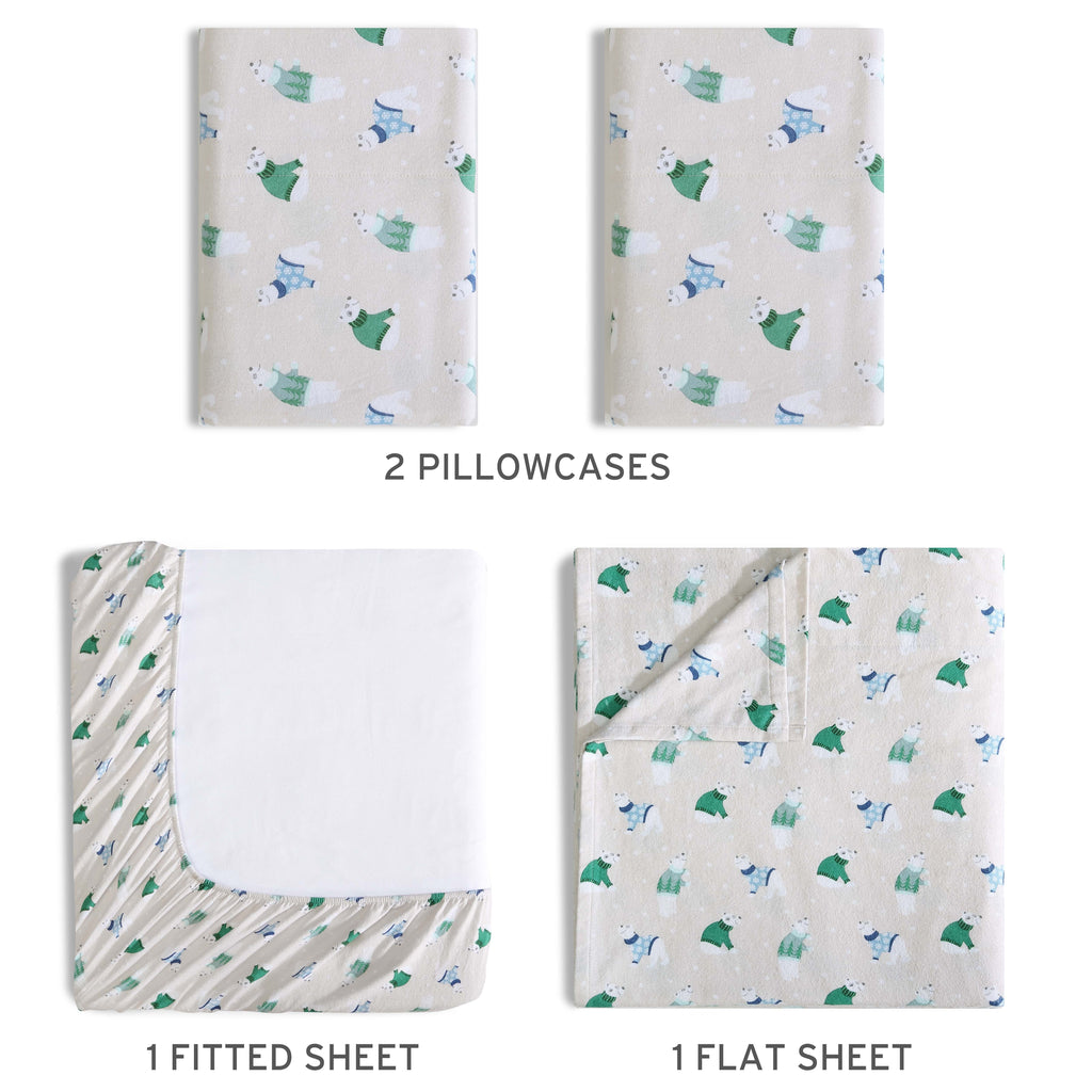 Breathable Luxury Winter Nights Cotton Flannel Sheet Set, King, Holiday Bears - Breathable Egyptian Cotton Flat & Fitted Sheets Detail