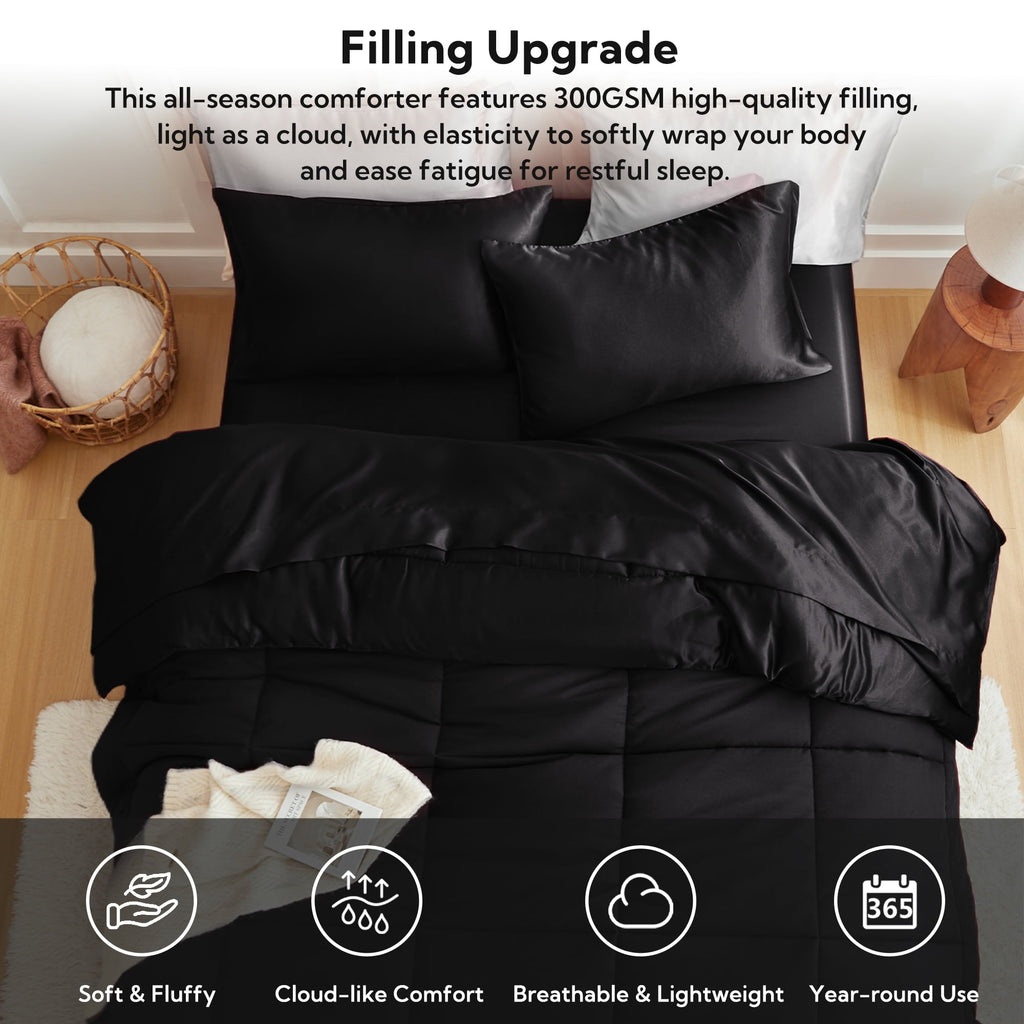 All-Season Reversible Satin Microfiber Comforter 3 Pieces Queen Size, Black Queen Comforter Set for All Seasons, Silky Soft Sati... - Luxurious Quilted Duvet Cover Set Detail