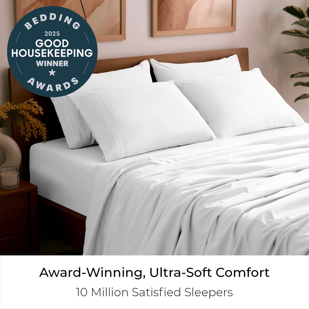 Premium Egyptian Cotton Iconic 6 Piece Bed Sheet Set Brushed Microfiber, Deep Pocket, Queen, White - Cooling Hotel Quality Bedding Sheets and Pillowcases Detail