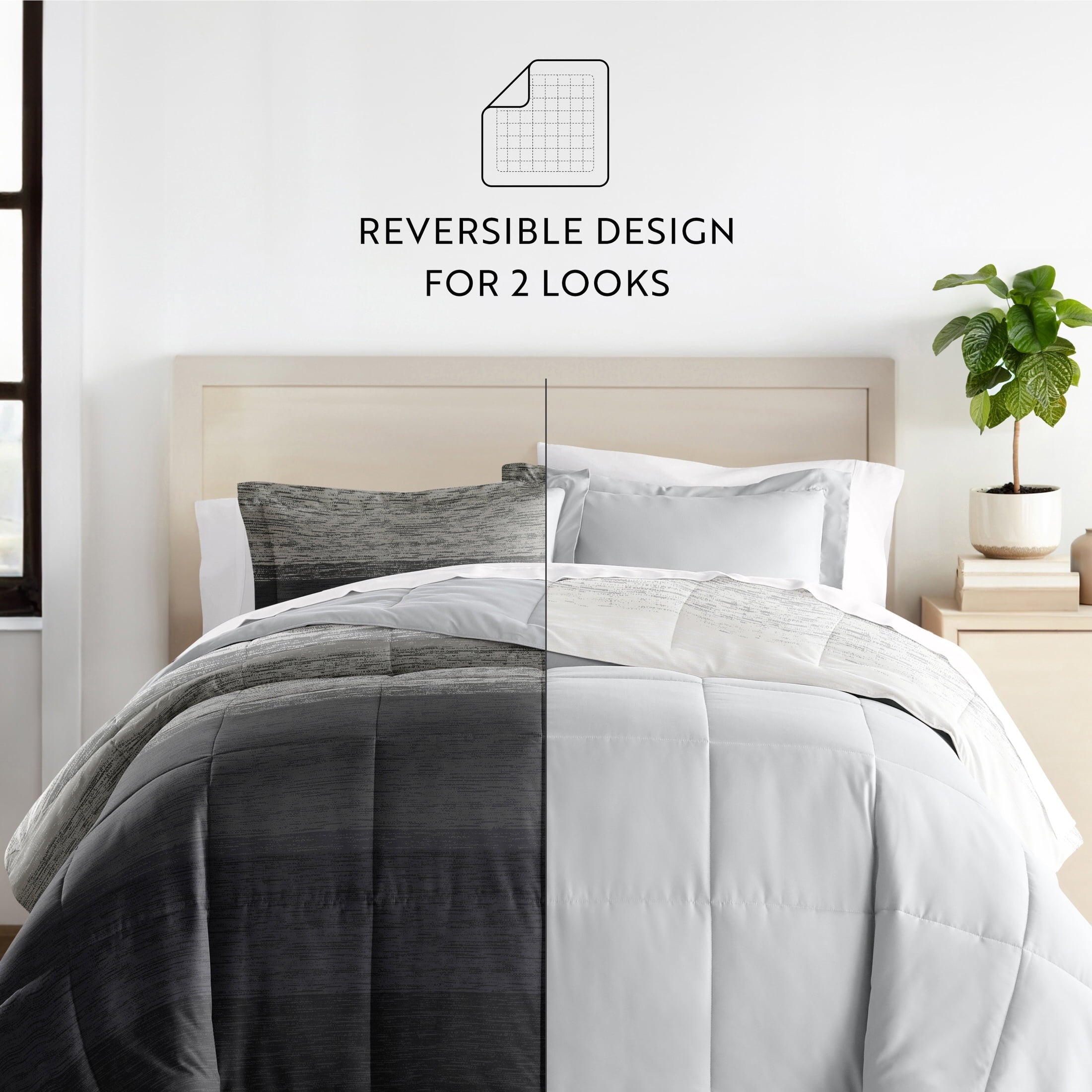 Fluffy Down Alternative All Season Ultra Soft Comforter Set Lightweight Bedding in Gray/Black Ombre for Full/Queen Size - Luxurious Quilted Duvet Cover Set Detail