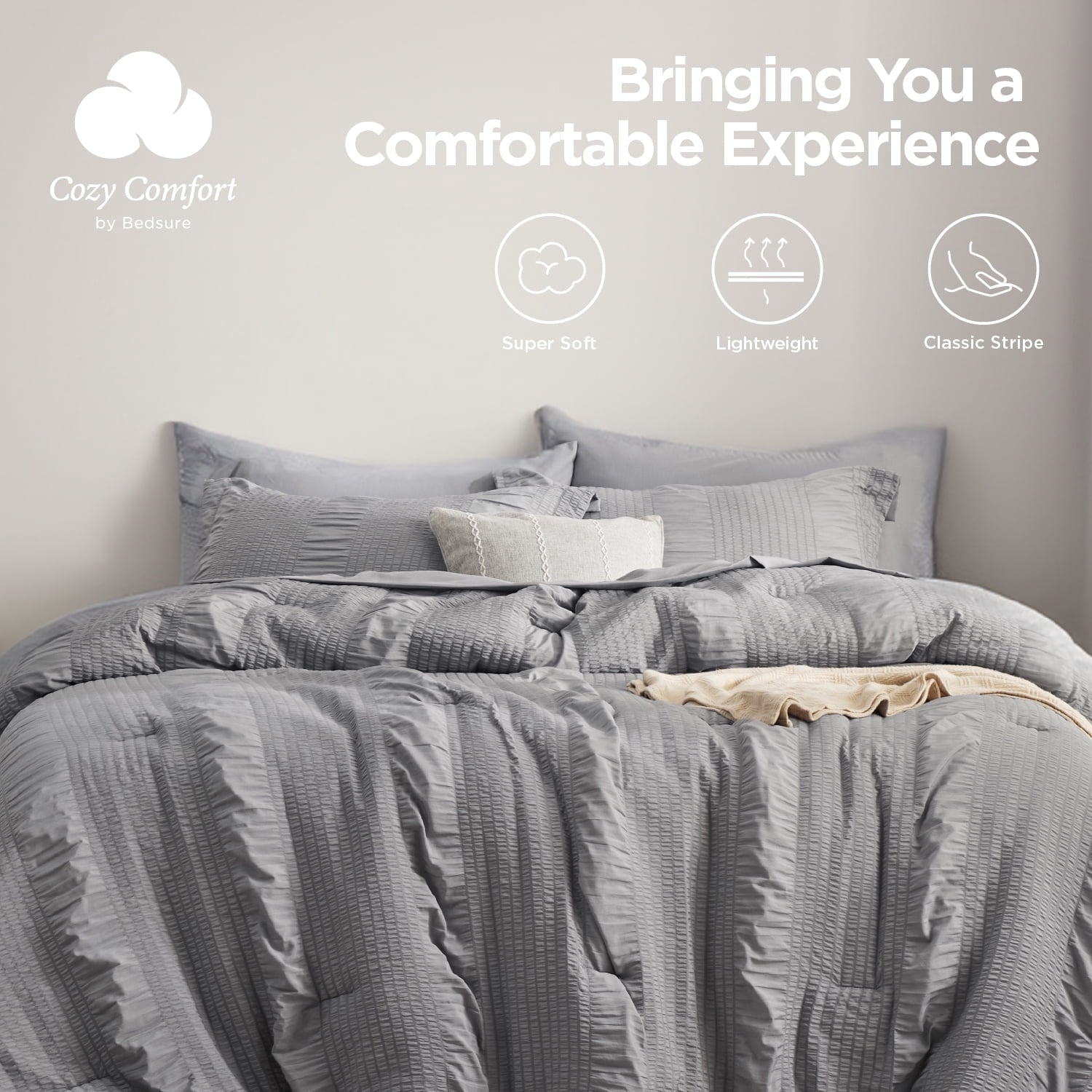 All-Season Twin Comforter Sets 5 Pieces Stripes Seersucker Bedding Set, Bed in a Bag with Soft Comforter & Sheets, Pillowcase & ... - Cloud-Like Soft Lightweight Bed Comforter Detail