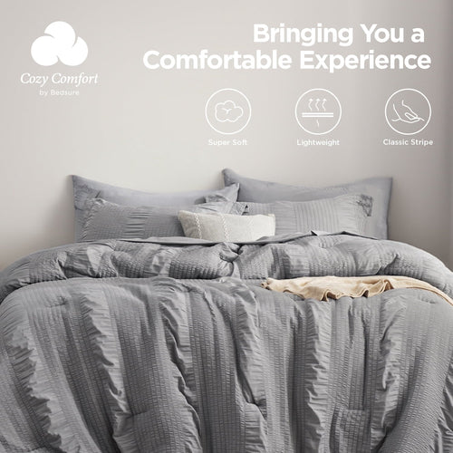 All-Season Twin Comforter Sets 5 Pieces Stripes Seersucker Bedding Set, Bed in a Bag with Soft Comforter & Sheets, Pillowcase & ... - Cloud-Like Soft Lightweight Bed Comforter Detail
