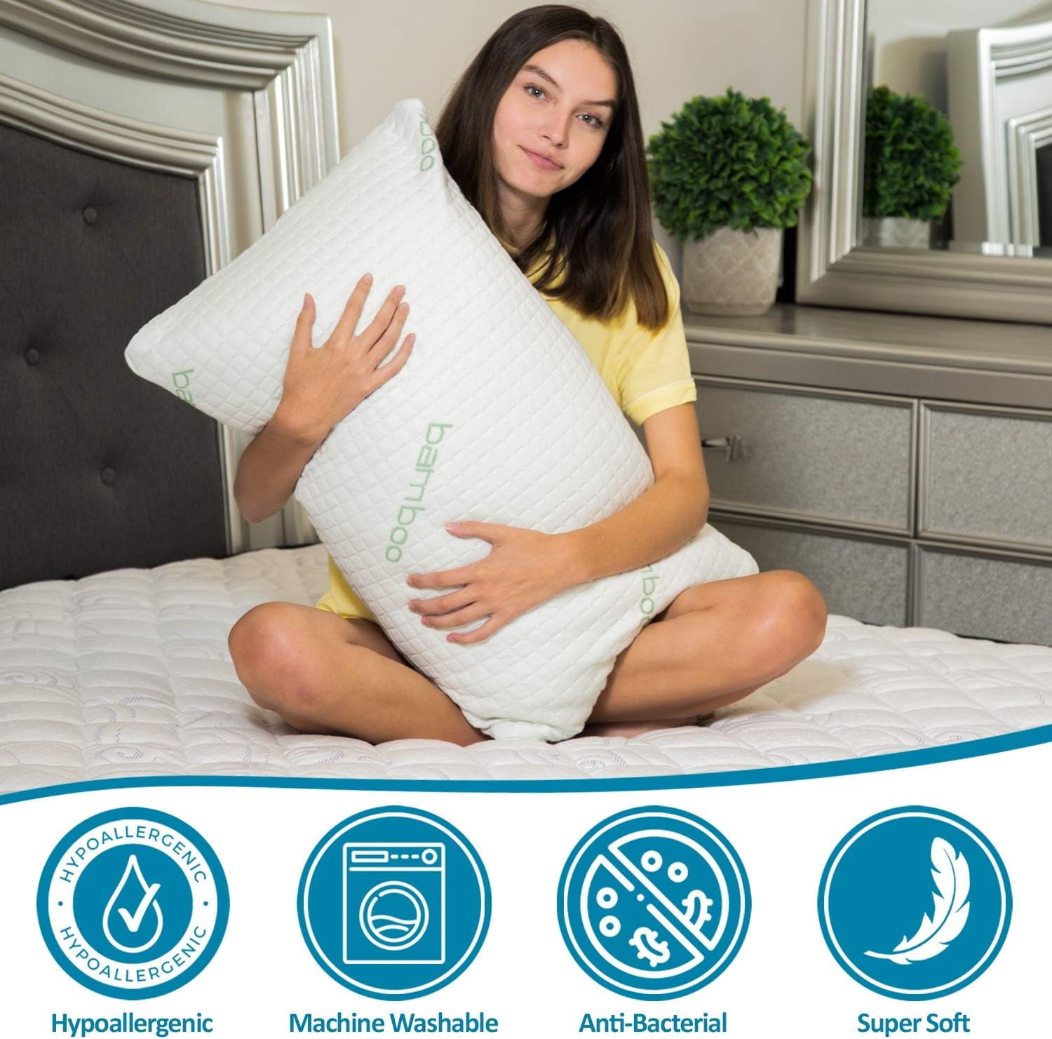 Hotel Collection Queen Size Bamboo Pillow, Memory Foam Bed Pillows with Washable Pillowcases, Queen - Hotel Quality Plush Sleeping Pillows Detail
