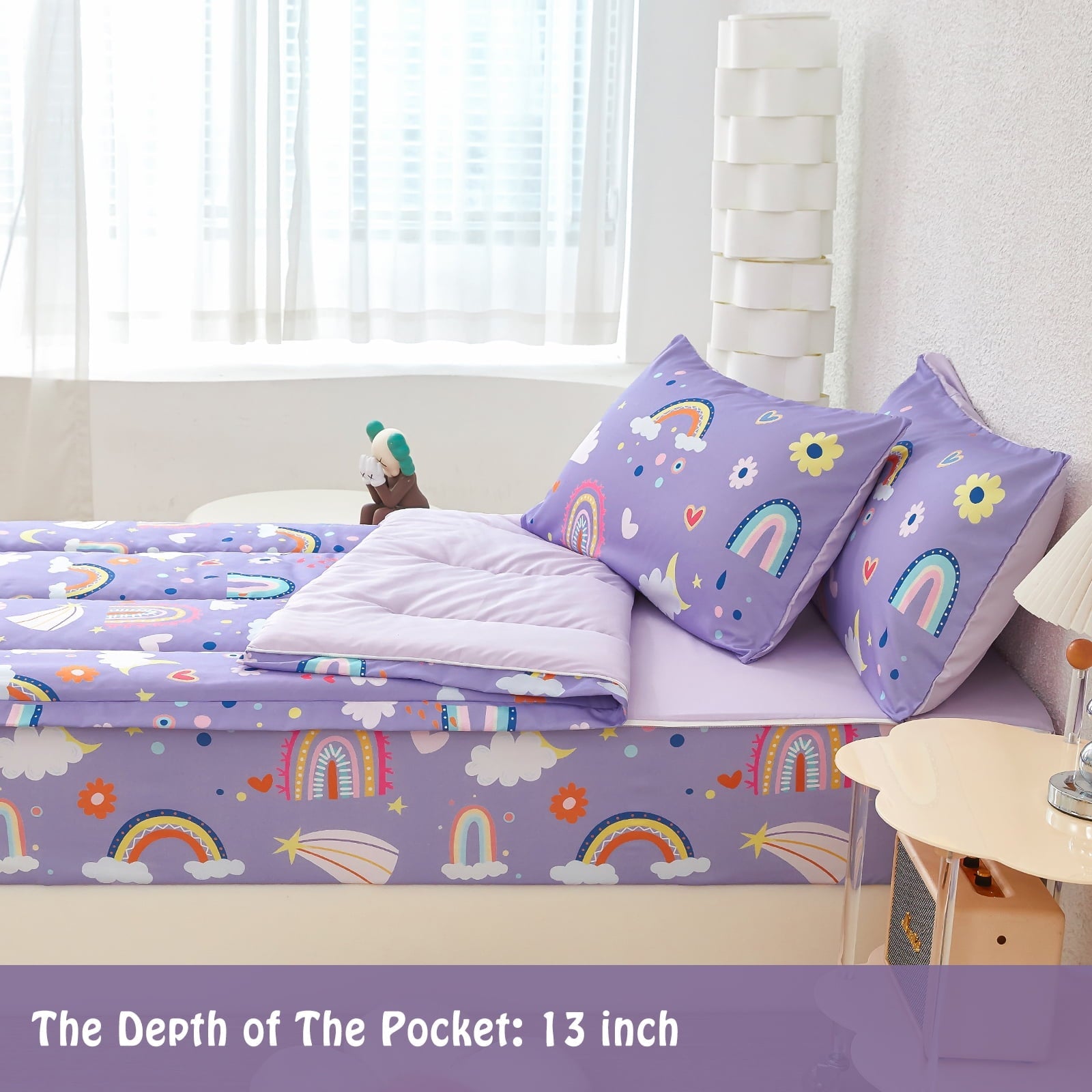 Heavyweight Warmth Zipper Kids Comforter Set, 3-Piece Purple Twin Bed in a Bag, Cartoon Rainbow Stars Flowers Printed Zip Up Comforter S... - Hypoallergenic Ultra-Fluffy Quilt for Winter Detail