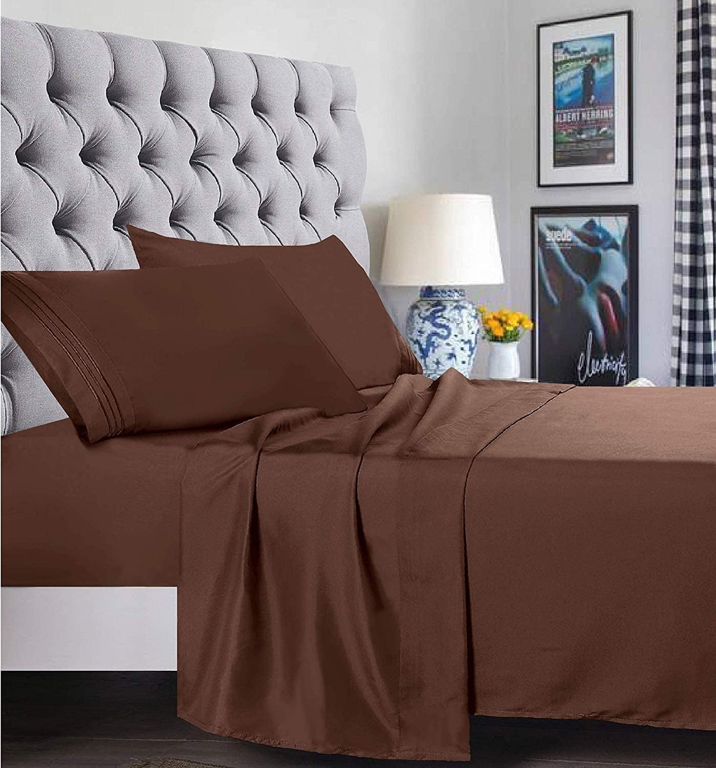 Wrinkle-Resistant 1500 Series Microfiber Bed Sheets 4-Piece Set, Deep Pocket, Twin/Twin XL Chocolate Brown - Breathable Egyptian Cotton Flat & Fitted Sheets Detail