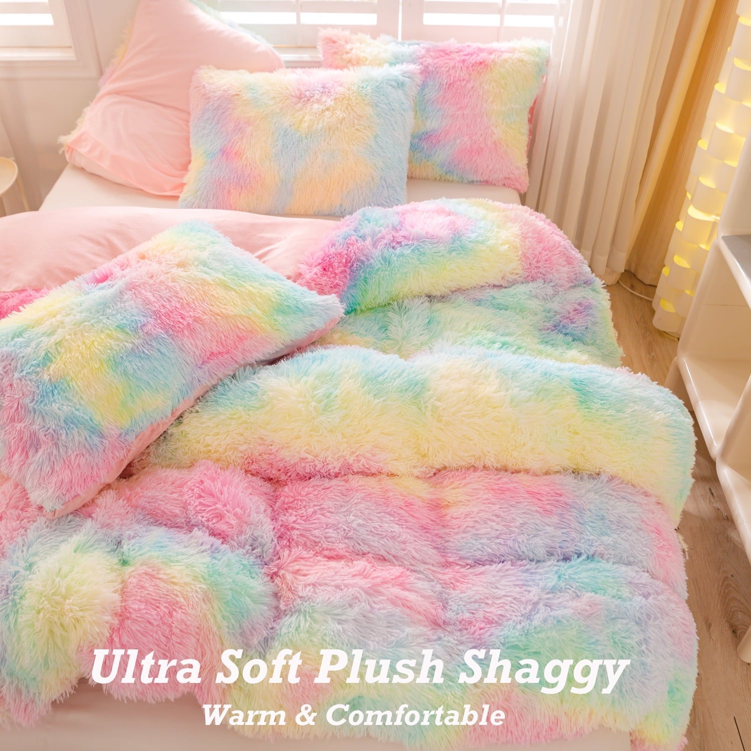 Hypoallergenic Cloud 3Pcs Pink Faux Fur Twin Comforter Set for Girls Tie Dye Rainbow Kid Bed Set Plush Shaggy Bedding Sets Fuzzy Bed Comfo... - All-Season Down Alternative Comforter Insert Detail