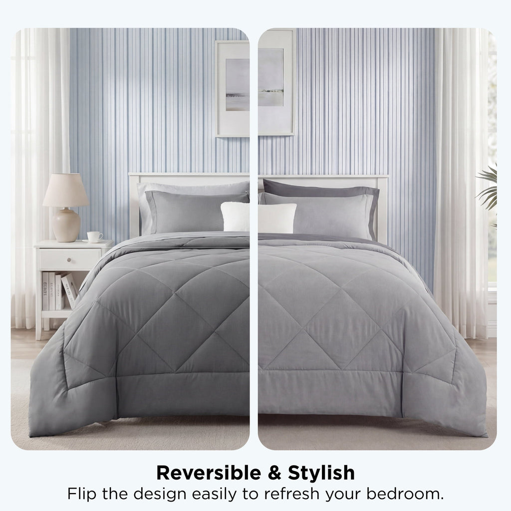 Luxurious Quilted Queen Reversible Comforter Set - 7 Pieces Grey Bedding, Bed in a Bag with Alternative Comforter, Sheets, Pillowcases ... - Hypoallergenic Ultra-Fluffy Quilt for Winter Detail