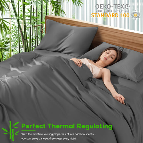 Cooling Sateen Luxury Bamboo Bed Sheet Set - Deep Pockets - 4 Piece, Queen, Dark Gray - Premium Ultra-Soft Pillowcase Pair for Sleeping Detail