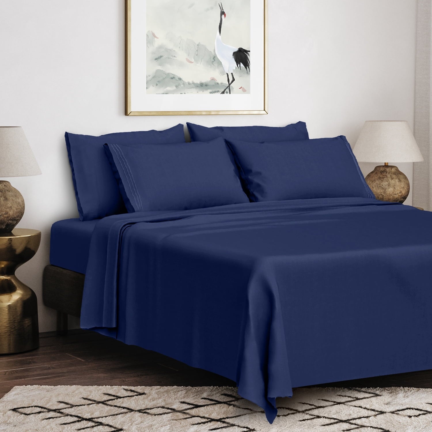 Breathable Luxury Queen Bed Sheets Set, 6 Pc Microfiber Bed Sheets, Extra Deep Pocket Queen Fitted Sheet, Flat Sheet & Pillowcases, Nav... - Breathable Egyptian Cotton Flat & Fitted Sheets Detail