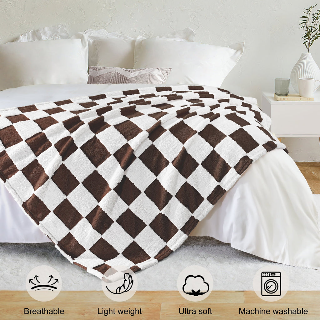 Lightweight Warm Checkered Throw Blanket, Super Soft and Warm Fluffy Fleece Blanket for Couch, Sofa, Bed, Cute Plaid Pattern, Coffee, ... - Luxury Knitted Decorative Throw Blanket with Fringes Detail