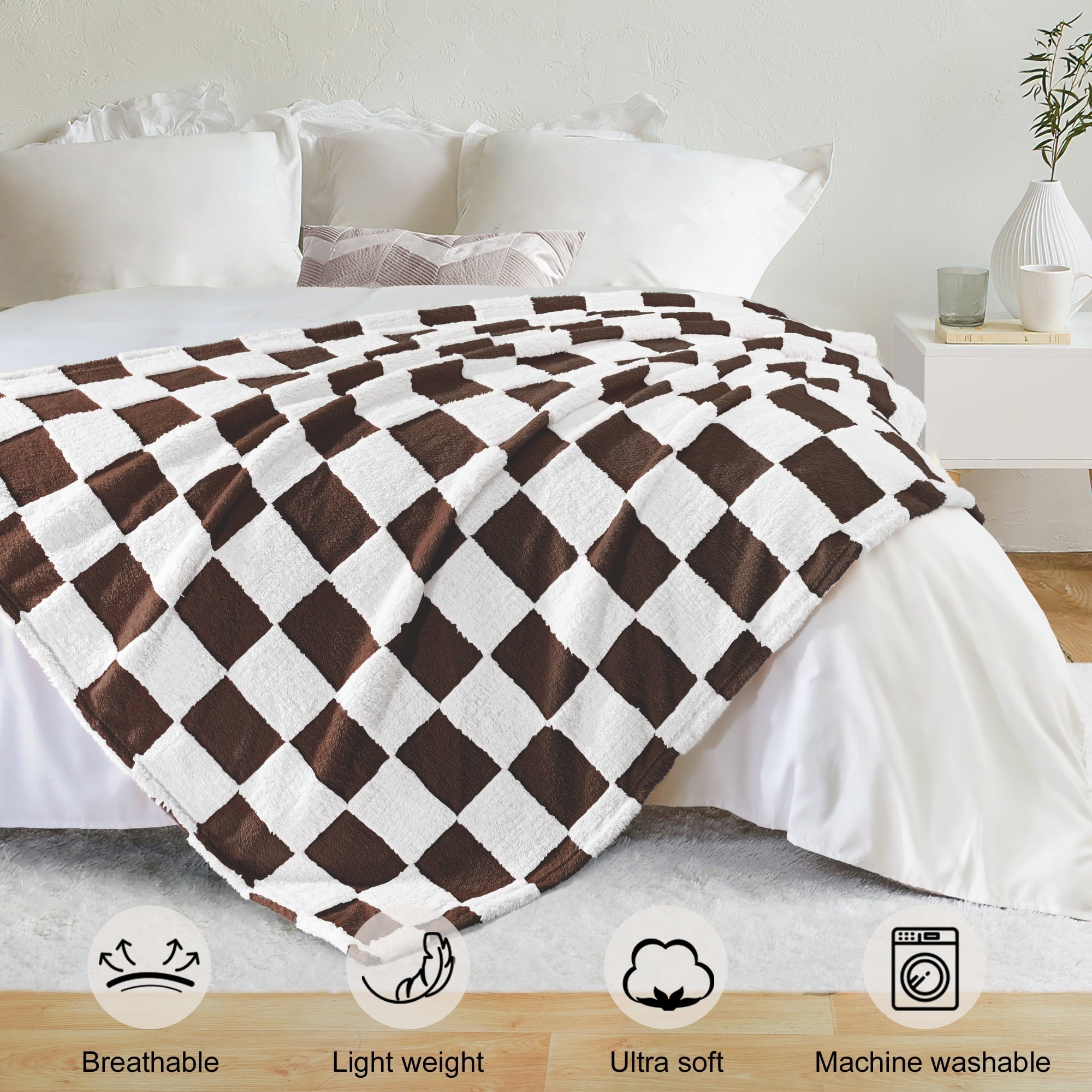 Lightweight Warm Checkered Throw Blanket, Super Soft and Warm Fluffy Fleece Blanket for Couch, Sofa, Bed, Cute Plaid Pattern, Coffee, ... - Luxury Knitted Decorative Throw Blanket with Fringes Detail