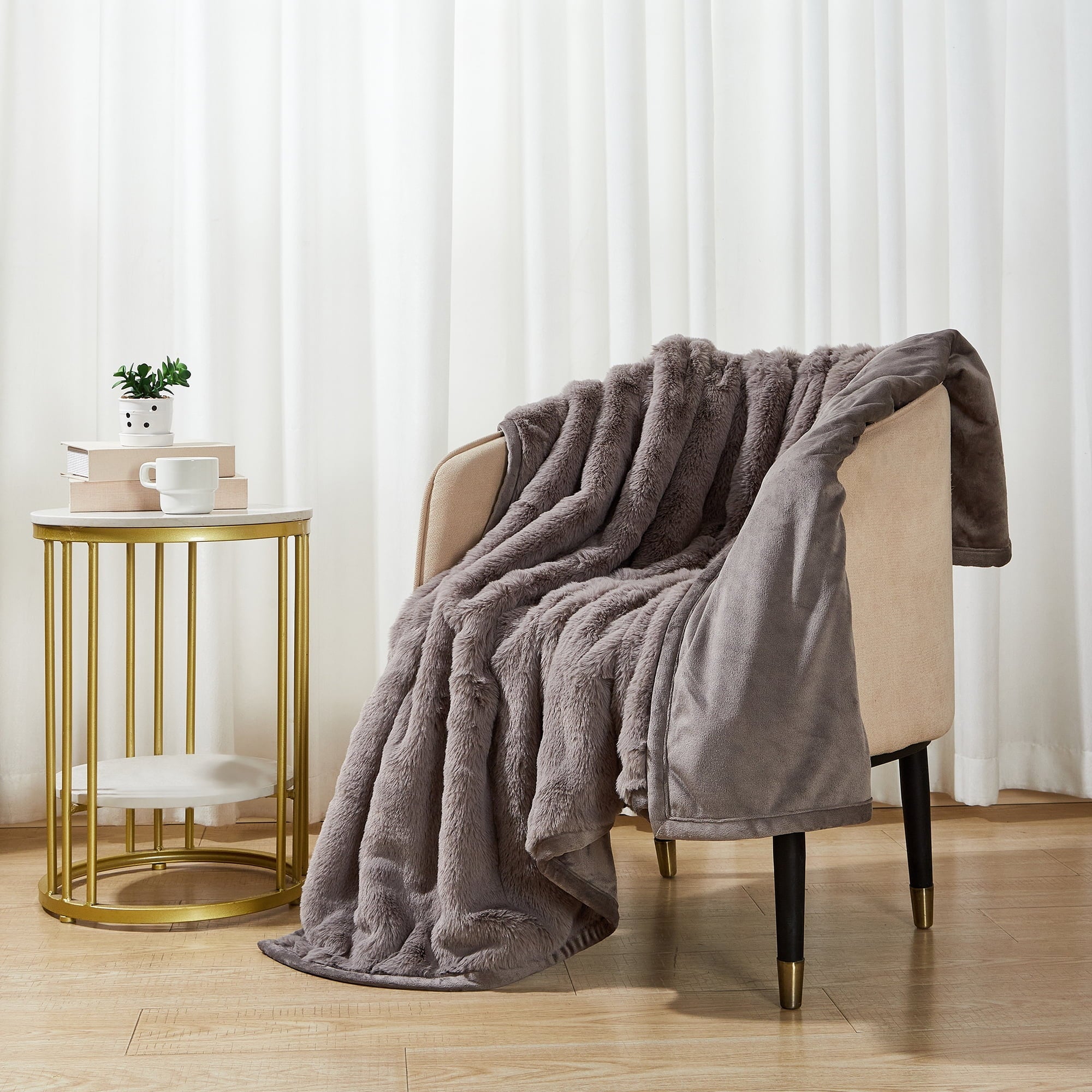 Decorative Knitted Grey Faux Fur Ultra Soft Luxury Oversized Throw Blanket 50" x 72", Grey Bisque - Super Soft Reversible Sherpa Flannel Blanket Detail