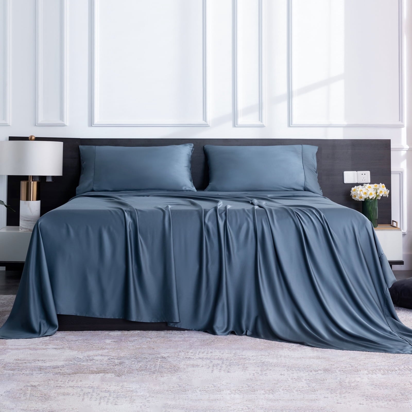 Ultra-Soft Luxury Bamboo Bed Sheets Set Full 4 Pcs for Adult,Soft&Cool,16" Deep Pocket,Blue Gray - Premium Ultra-Soft Pillowcase Pair for Sleeping Detail