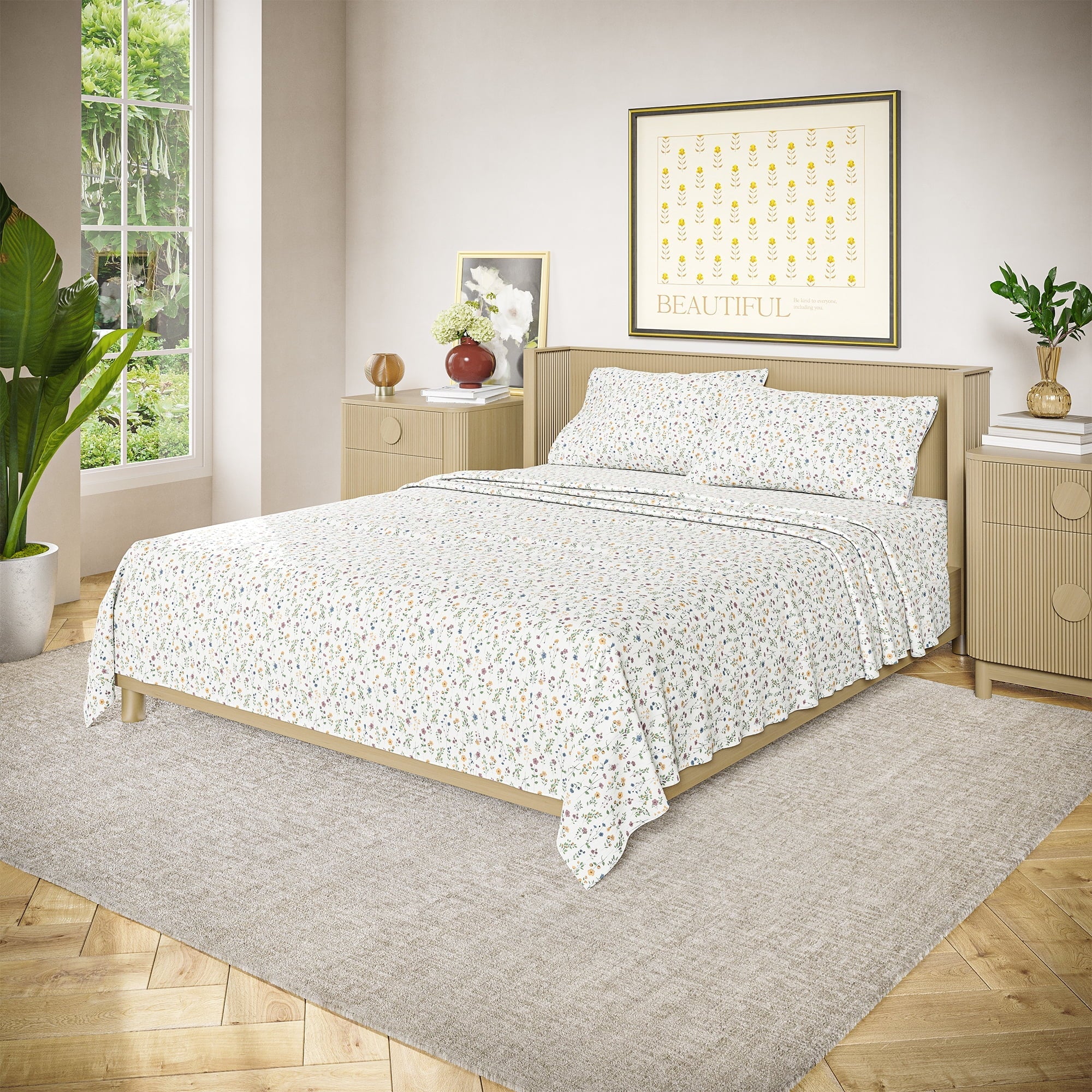 Breathable Luxury Botanical 4-Piece 100% Cotton Washed Percale White Sheet Set, Queen - Breathable Egyptian Cotton Flat & Fitted Sheets Detail